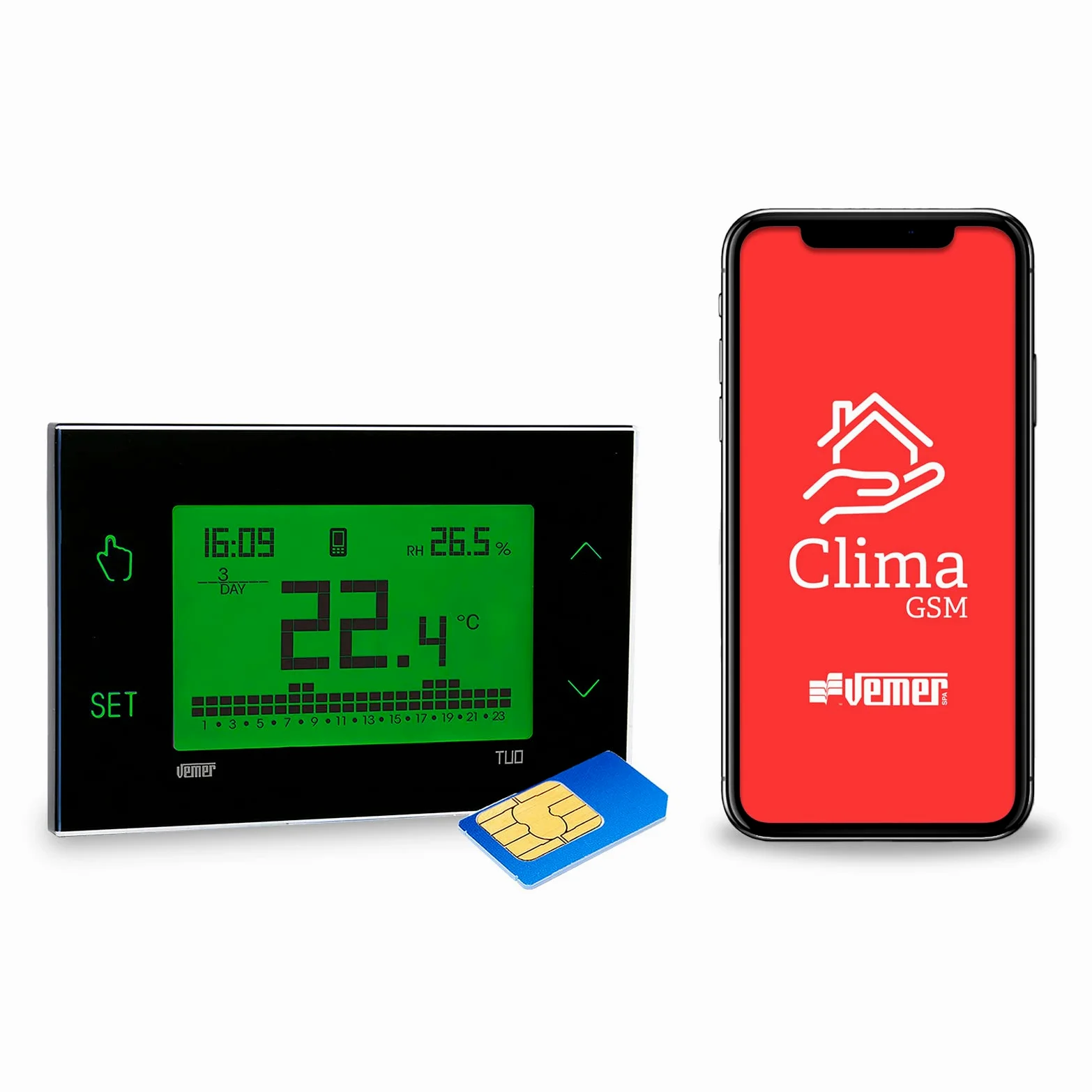 VEMER VE771900 TUO GSM - Cronotermostato GSM con Programmazione Settimanale, Installazione da Parete, Controllabile da Smartphone con APP, Nero