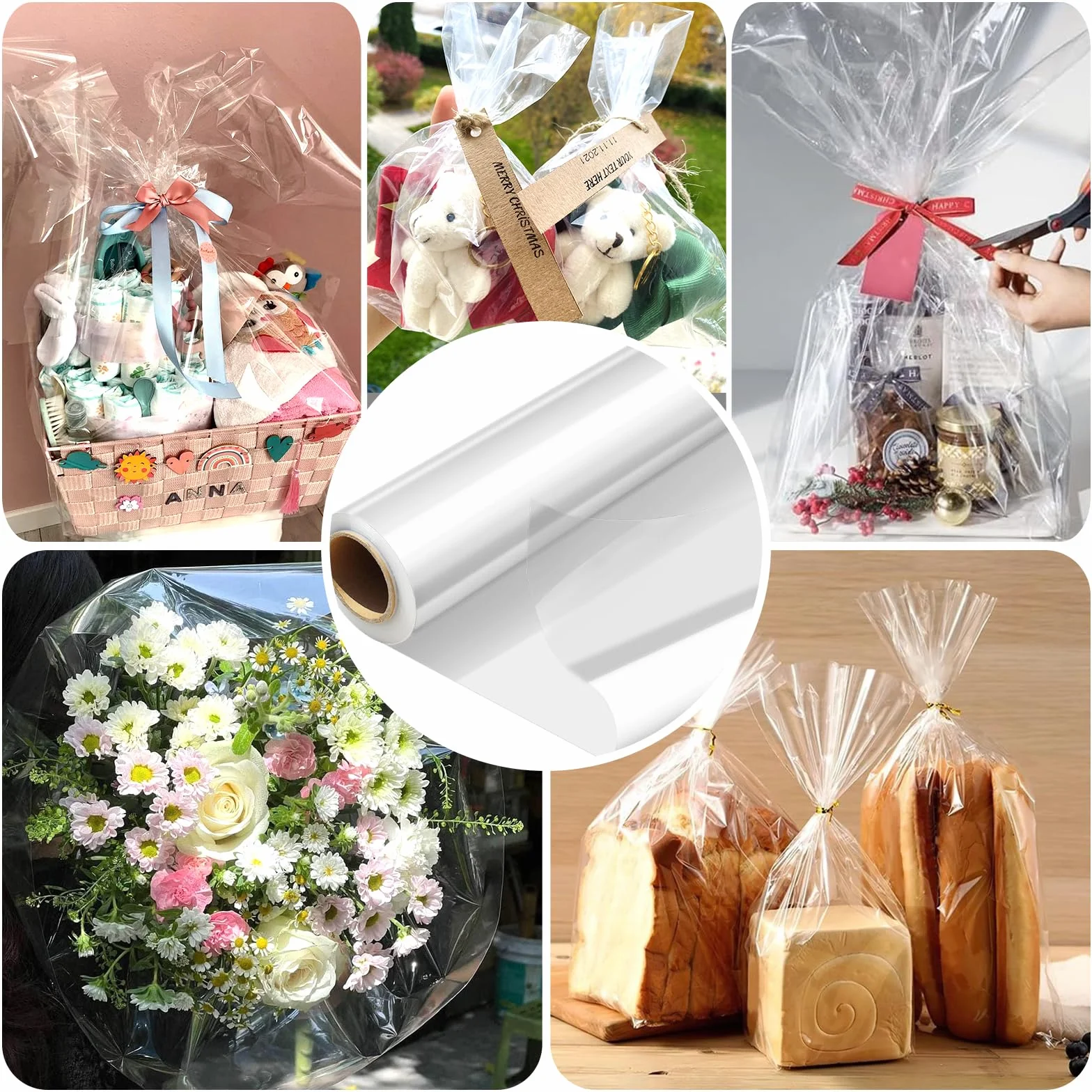 GIBOHOM 86 CM x 30 M Papier Transparent Emballage, 3 Mil Cellophane Emballage Transparent Papier Emballage Fleuriste, Papier Cadeau pour Fleurs, Artisanat, Bonbons, Paniers Cadeaux(86CM plié à 43CM)