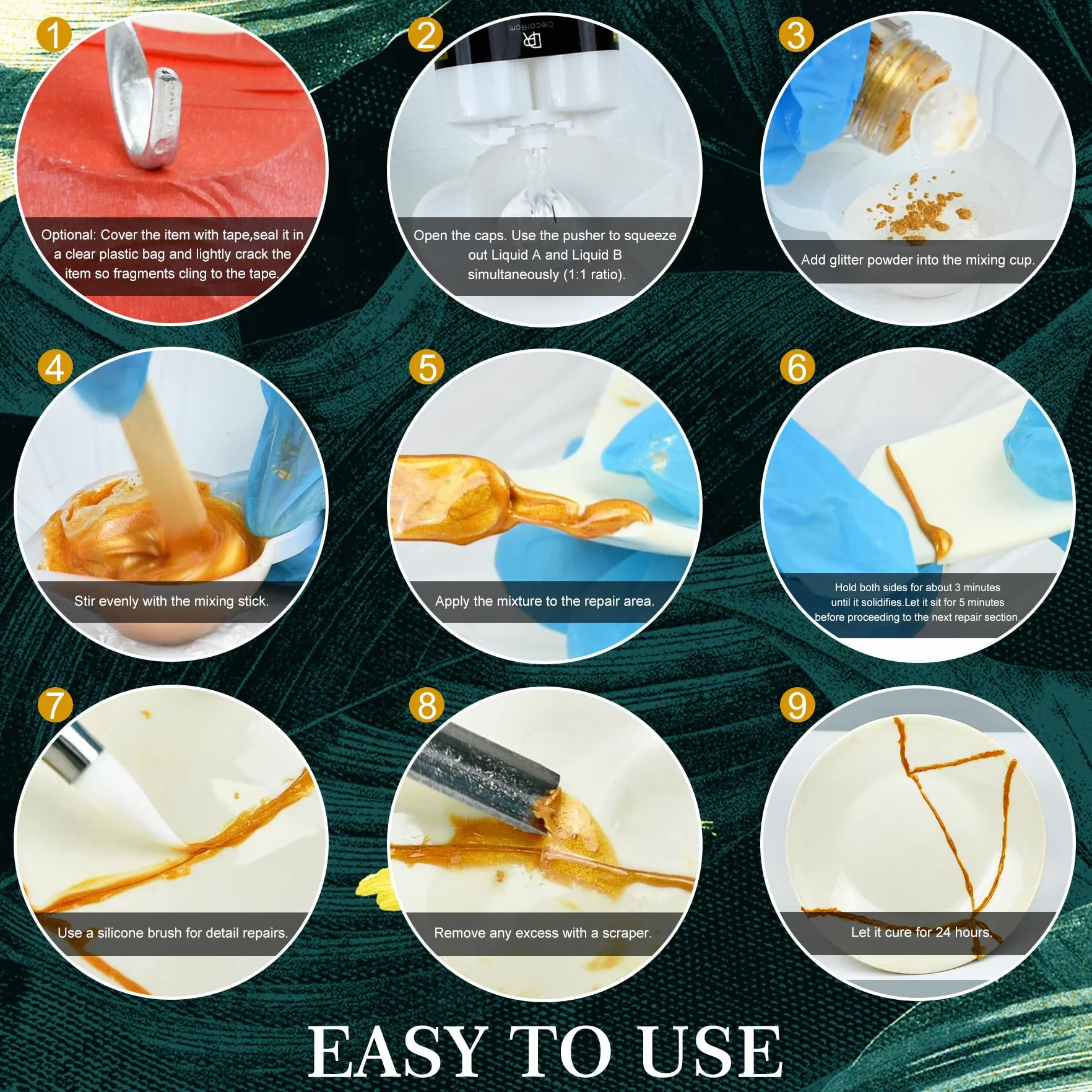 Set di riparazione Kintsugi, 50ml Oro/Argento Set Kintsugi Adesivo per Porcellana, Sicuro per Alimenti Set di Riparazione per Ceramica, per la Riparazione di Ceramica Rotta, Vetro, Sculture, Ceramiche