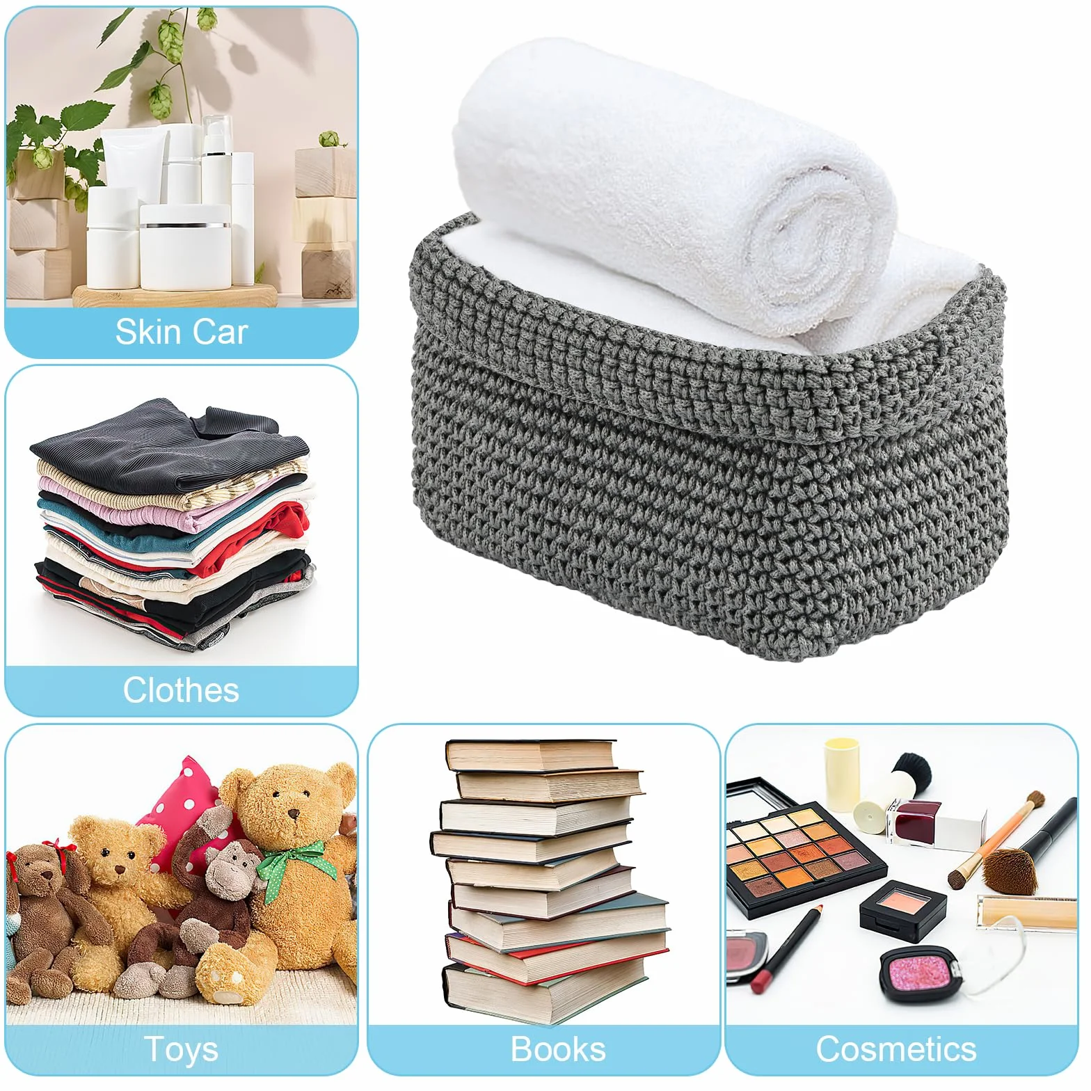 Neerow Cesto portaoggetti grigio intrecciato a mano in corda di cotone, elegante cestino per la decorazione del bagno, cestino per asciugamani per asciugamani, cosmetici, giocattoli e libri (21 × 13 ×