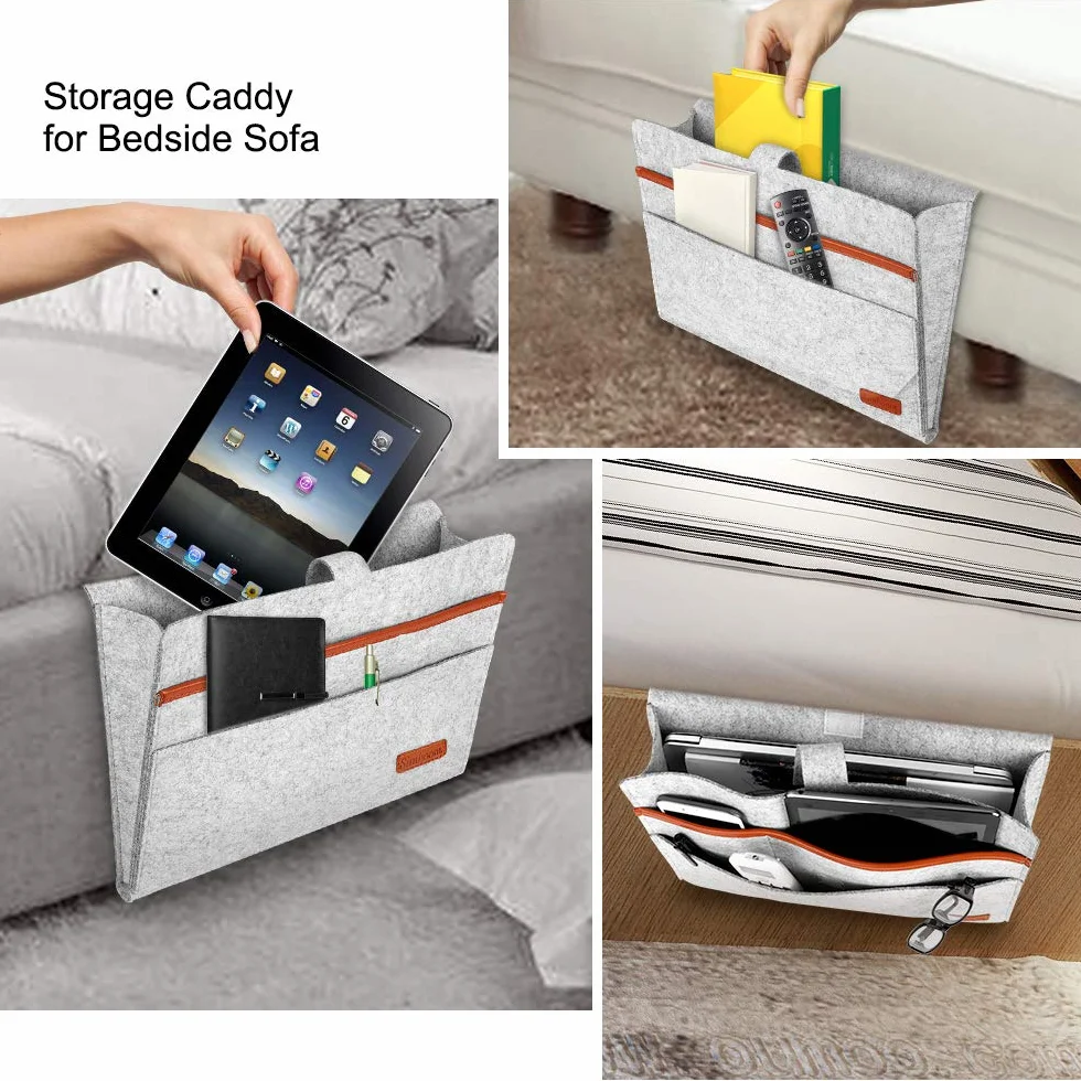 SIMBOOM Organizer per letto, 4 Tasche Portaoggetti per Letto o Divano, Borsa in feltro Comodino per iPad, Tavoletta, Riviste, Telecomando, Cellulare, Occhiali - Grigio Chiaro