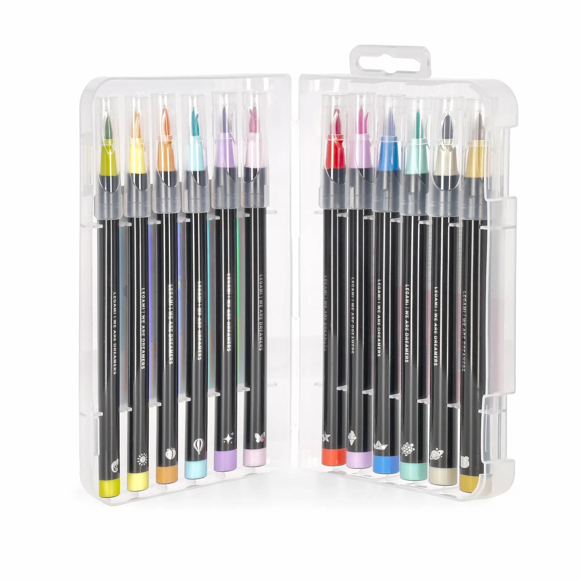 Legami - Set di 12 Pennarelli con Punta Pennello - Brush Markers, Punta Flessibile in Fibra di Nylon, Pennarelli 12 Colori Pastello, Tratti Fluidi e Larghezze Variabili, Diametro Pennarello 1 cm