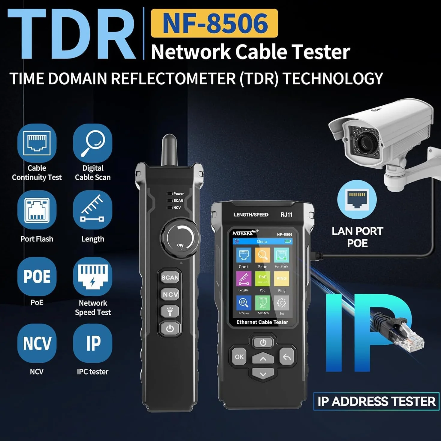 NOYAFA NF-8506 Tester di Cavi di Rete – Tester Ethernet con Ping, Scansione IP e TDR, Test Velocità Rete, Lampeggio Porte, Rilevatore Cavi RJ45 RJ11, CAT5 CAT6