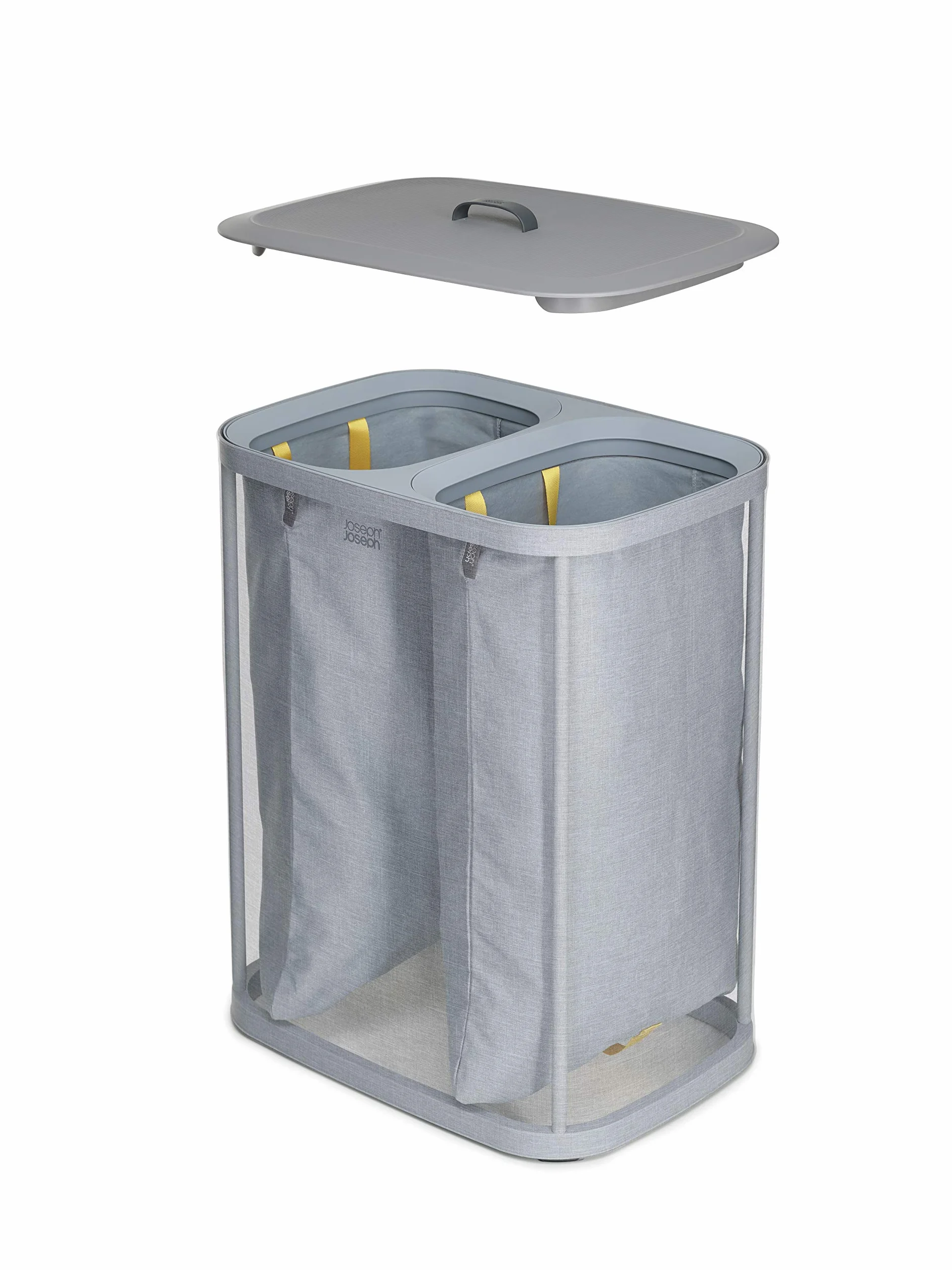 Joseph Joseph Tota Cesto da Biancheria per panni sporchi con separatore da 90 litri, 2 sacchi per il lavaggio rimovibili con maniglie, Grigio