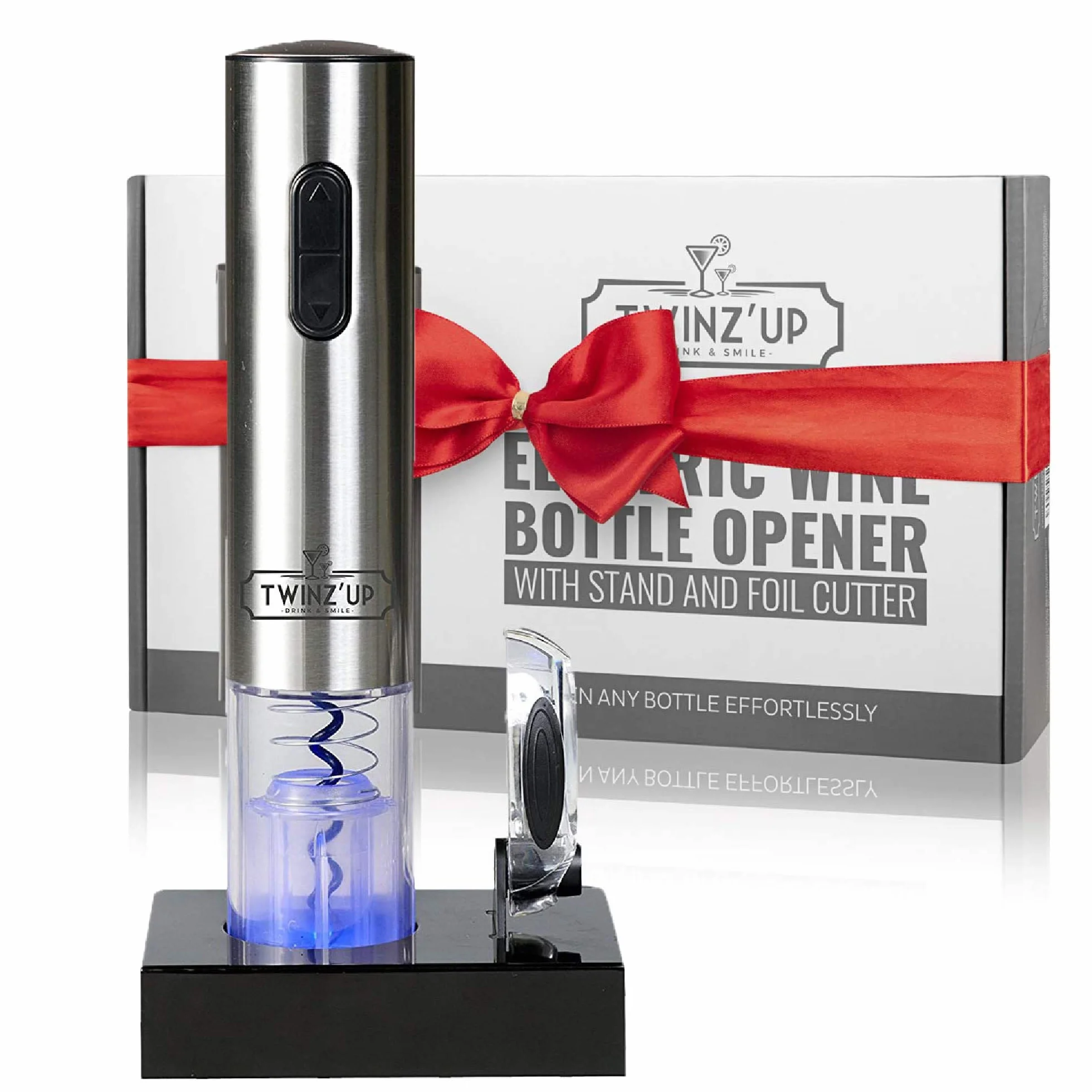 Twinz'Up Cavatappi Elettrico per Vino, Idee Regalo Uomo Compleanno - Apribottiglie Elettrico Ricaricabile (Base di Ricarica) con Taglia-Capsule