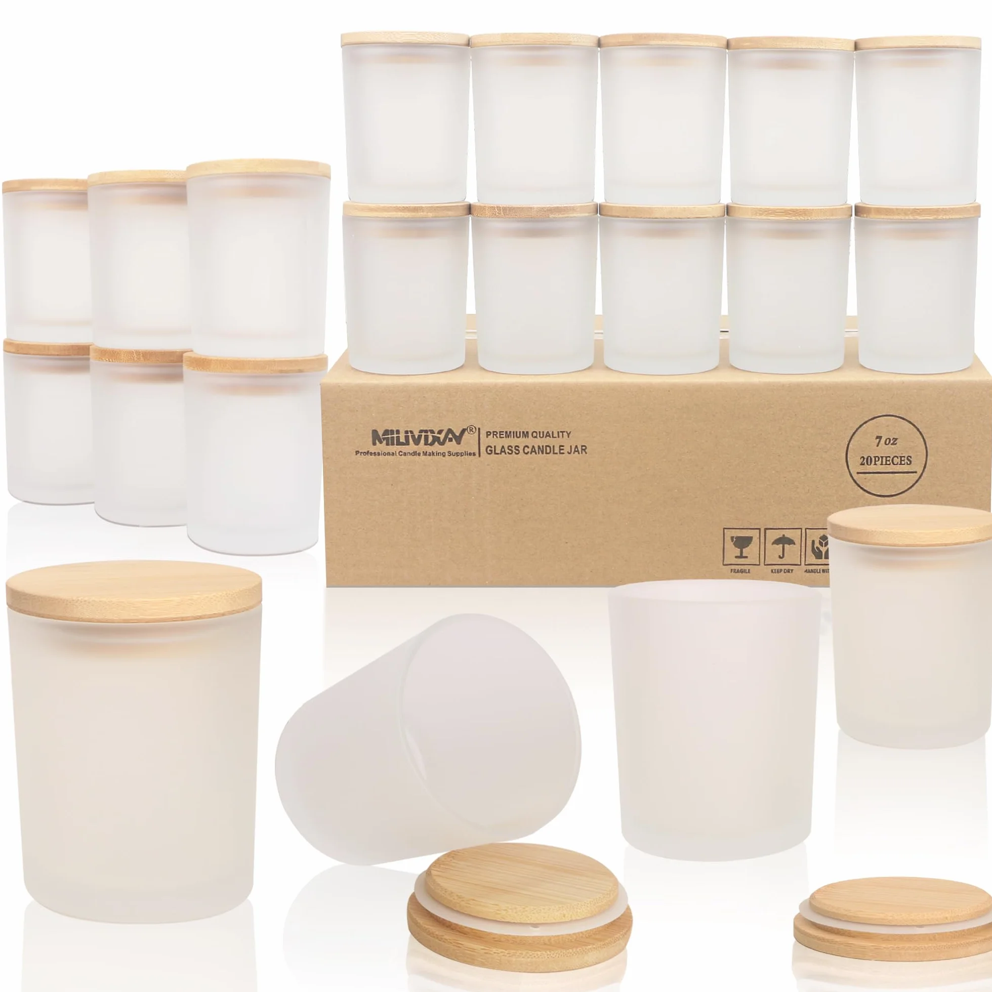 MILIVIXAY Confezione da 20 barattoli per candele in vetro spesso smerigliato da 200 ml, con coperchio, per realizzare candele, contenitori per spezie e polvere.