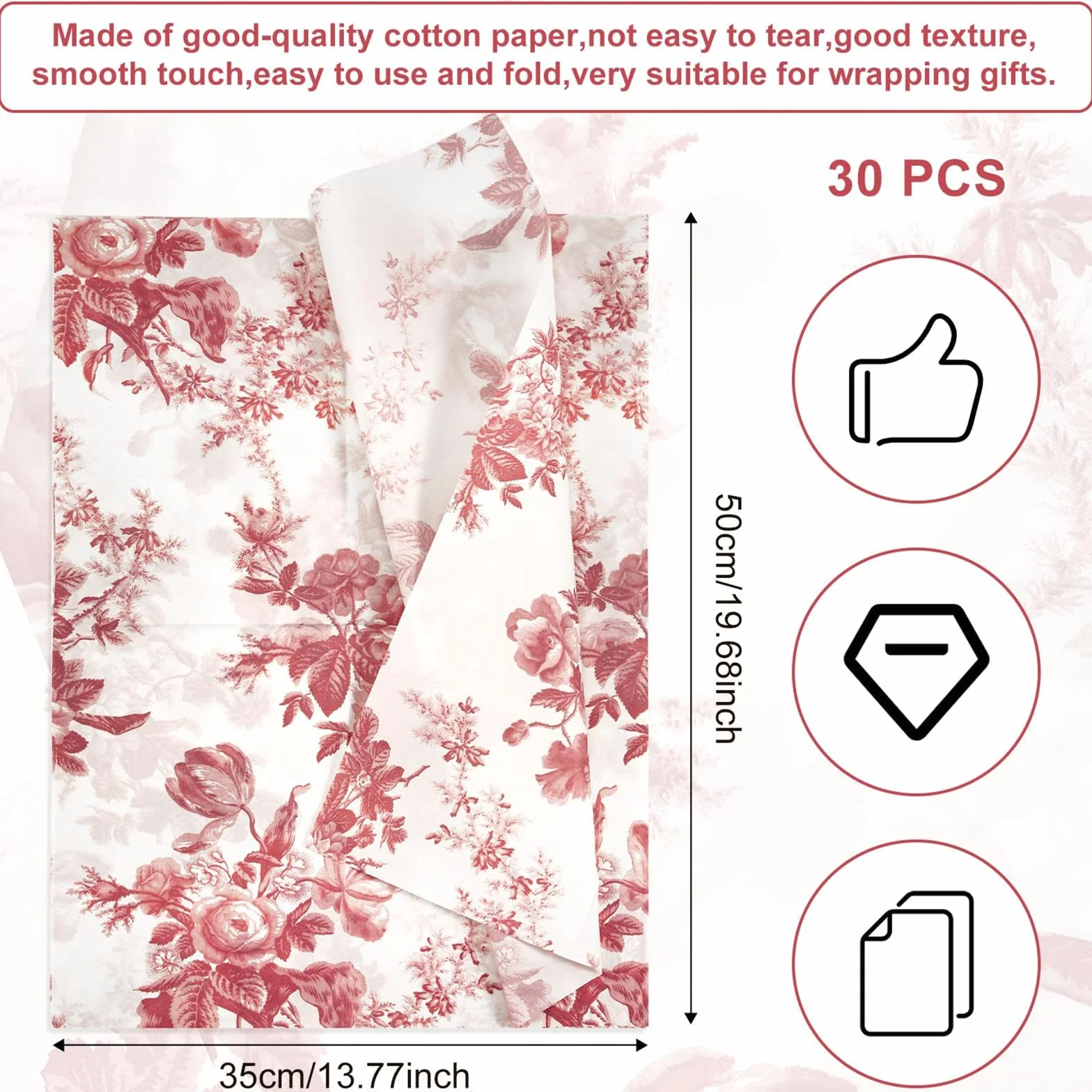 Carta velina 35,5 x 50,8 cm con peonia, 30 fogli rosso per imballaggio regali