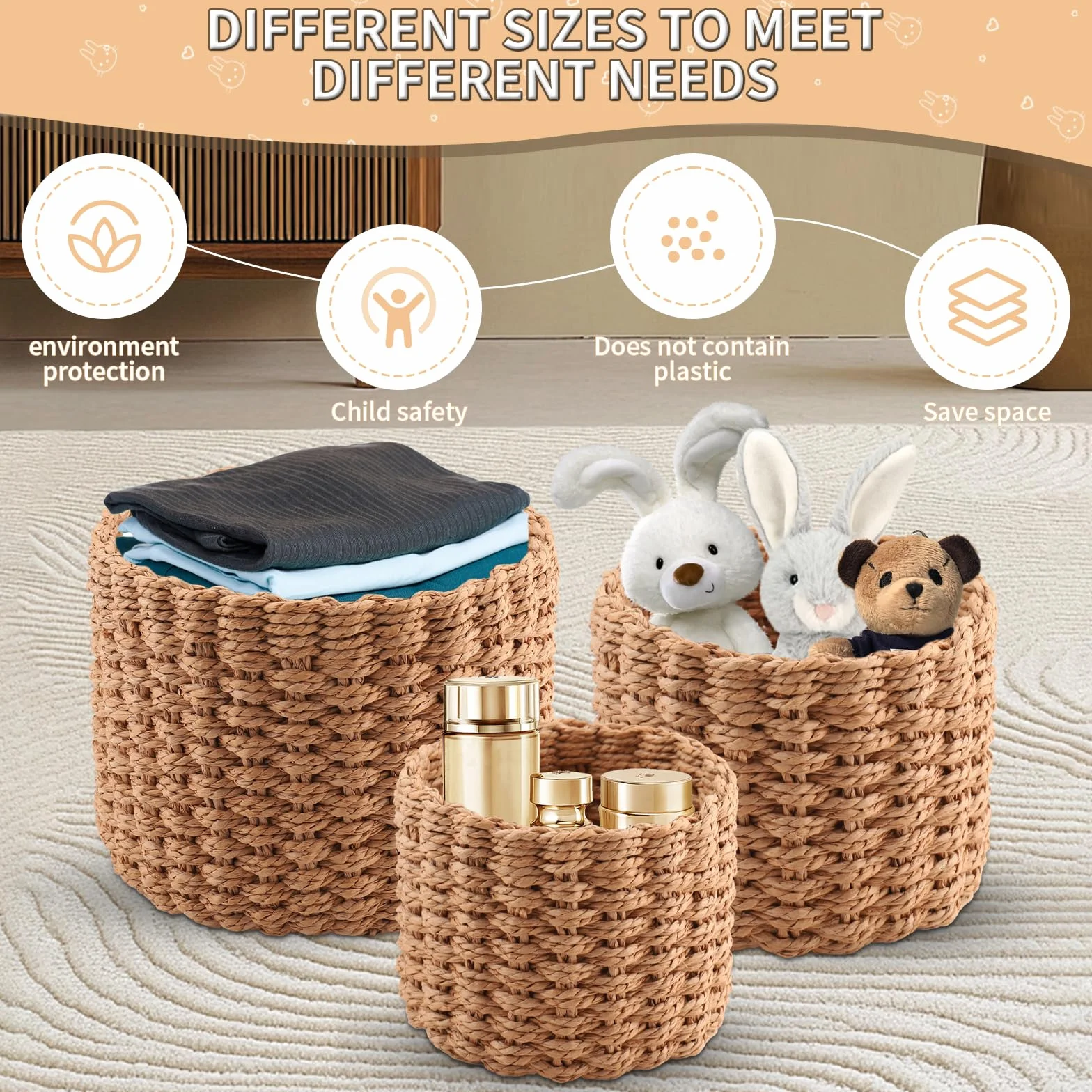 Cestino Portaoggetti, Set di 3 Cestino Rotondo Intrecciato, Cesto Portabiancheria Bambini Adatto per Camere da Letto Bagni Può Essere Utilizzato Come Cesto Regalo Vuoto Vesto Pannolino