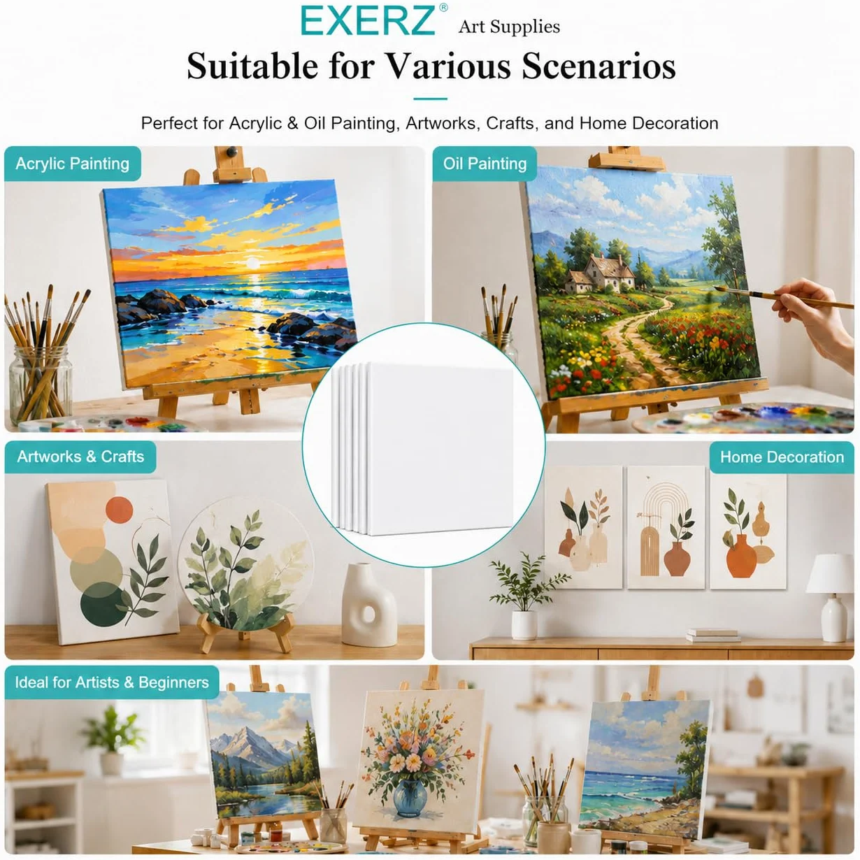 EXERZ 30x40cm Tele Intelaiate 5pz per Pittura per Artisti/Spessore 1.7cm 280GSM/ Tele Prestirate 100% Cotone/Prive di acidi/Bianca/Grana media - Per Dipingere, ad Acrilici, Pittura ad Olio