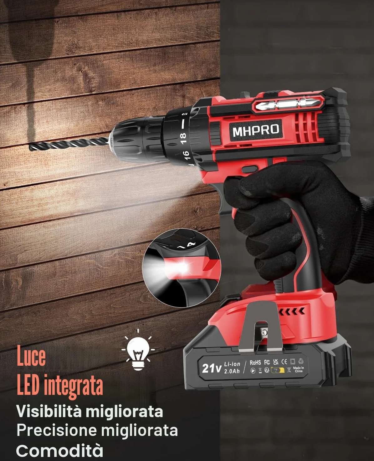 MHPRO Trapano Avvitatore Batteria 21V, Avvitatore a Batteria con Batterie 2.0Ah, 42Nm Avvitatore Elettrico, 18+1 Coppie, 2 Velocità, 22CS Accessori, LED Luce per Casa Progetto