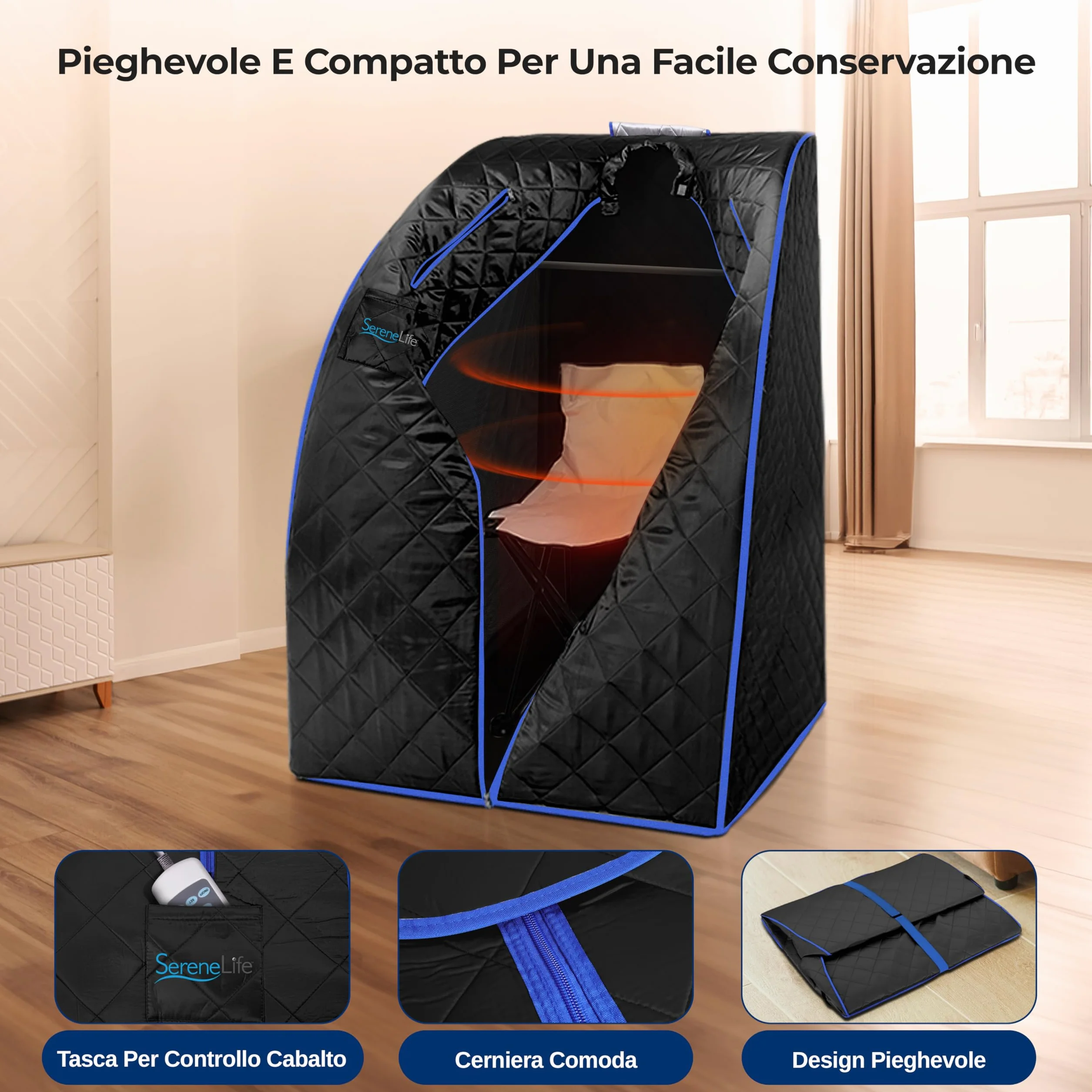 SereneLife Sauna a Vapore Portatile, Sauna Monoposto da Casa, Bagno Turco, Sauna Infrarossi con Tappetino Scaldapiedi e Sedia Pieghevole, Cabina Domestica per Spa, Nero