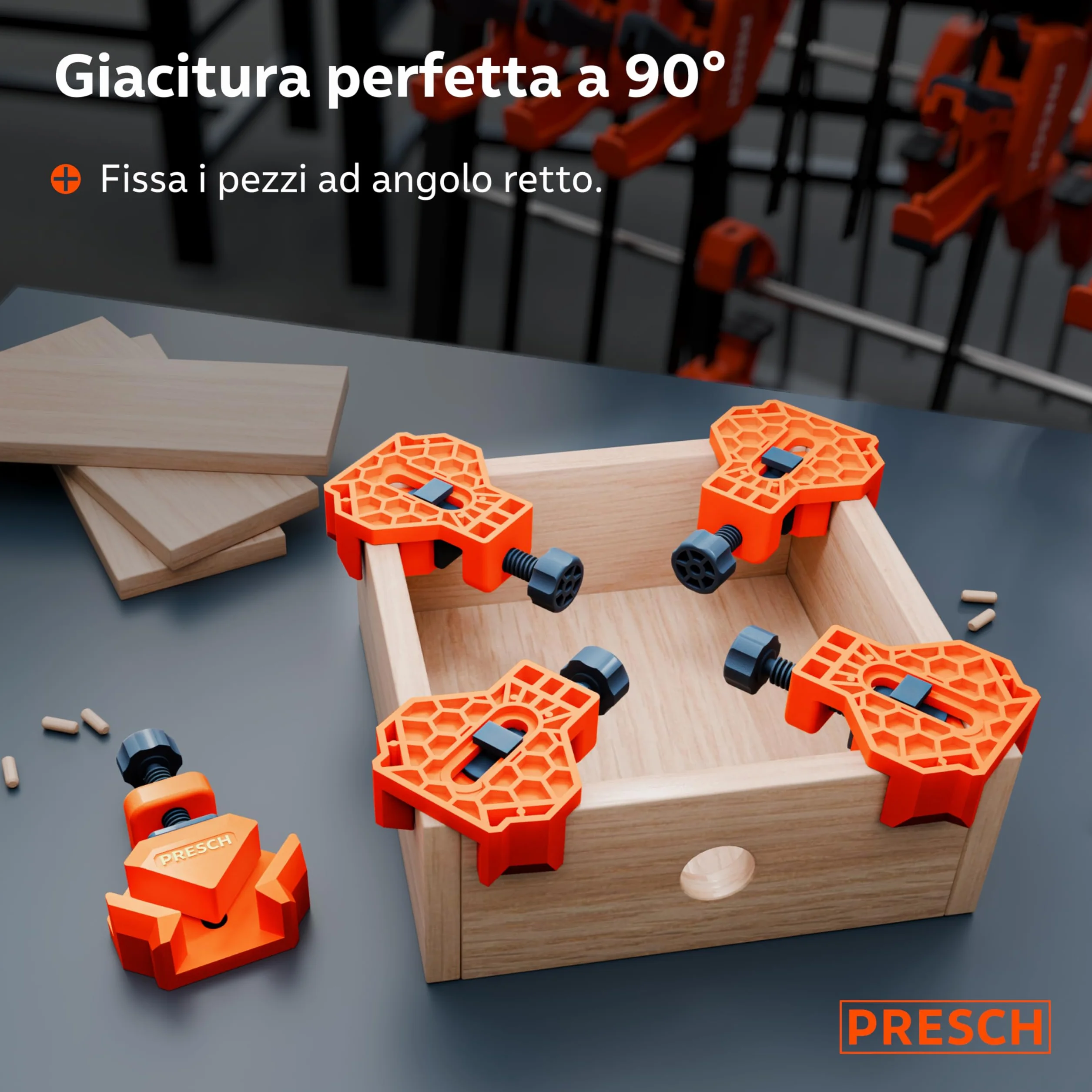 Presch Morsetti angolari per legno 4 pz - Morsetti angolari da falegname i per pannelli di spessore fino a 26 mm - Forza di serraggio di 25 kg per l'incollaggio - Per angoli precisi di 90° del legno