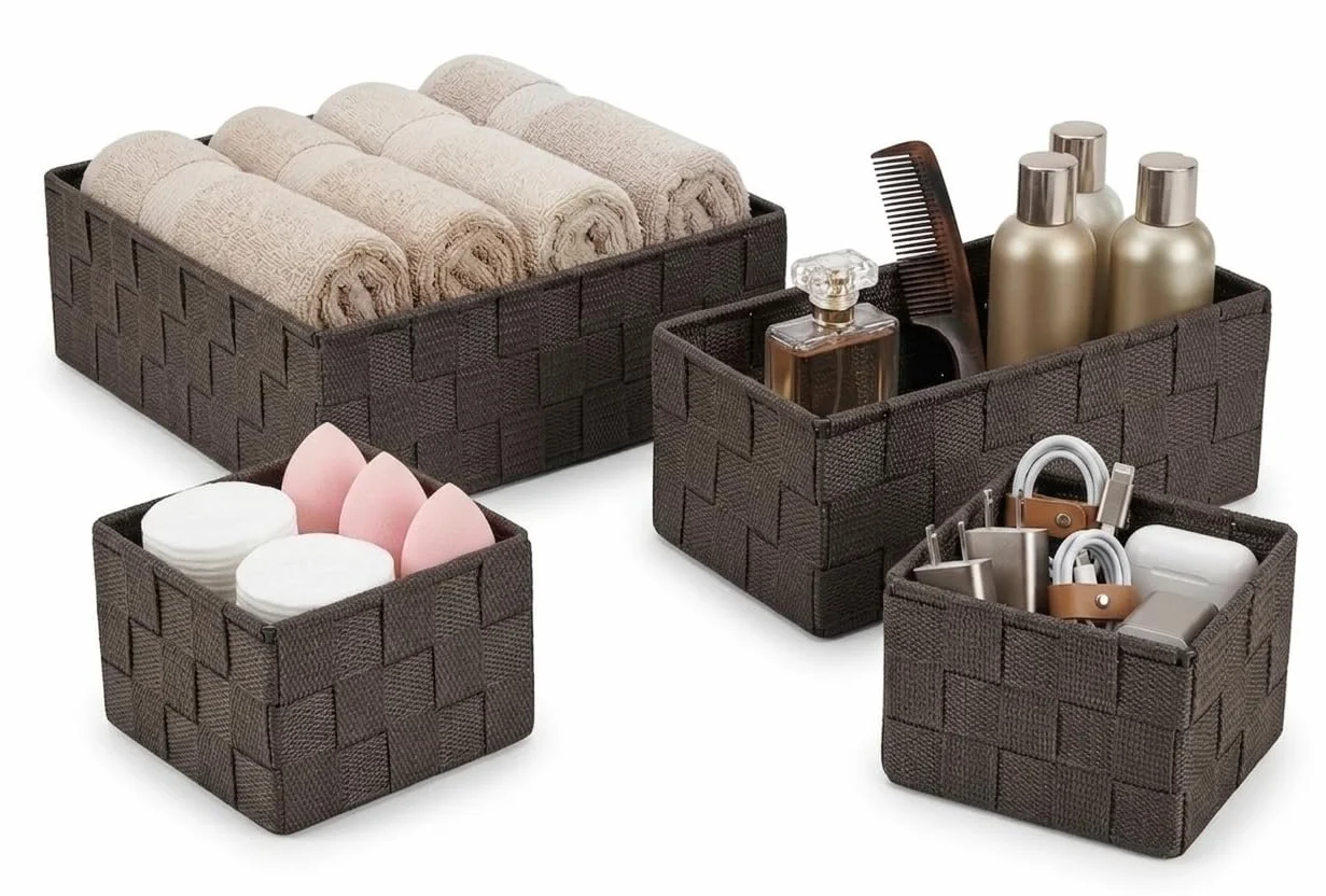OCEANO Set 4 Cestini Portaoggetti Intrecciati Organizer Bagno e Cassetti Scatole Salvaspazio in Tessuto per Trucchi Asciugamani Accessori (Marrone)