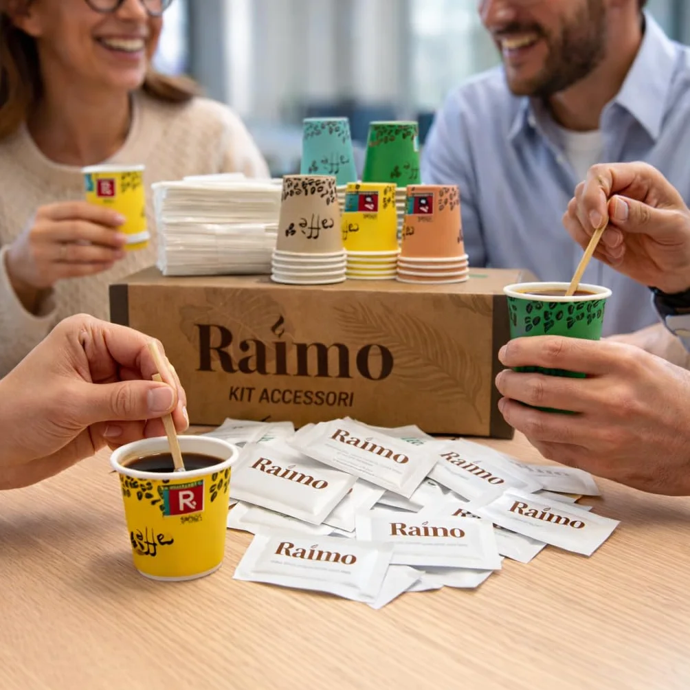 Kit 1800 Accessori Caffè Completo - 600 Bicchierini Carta Biodegradabili 75 ml + 600 Palettine Legno + 600 Bustine Zucchero, Set Pausa Caffè