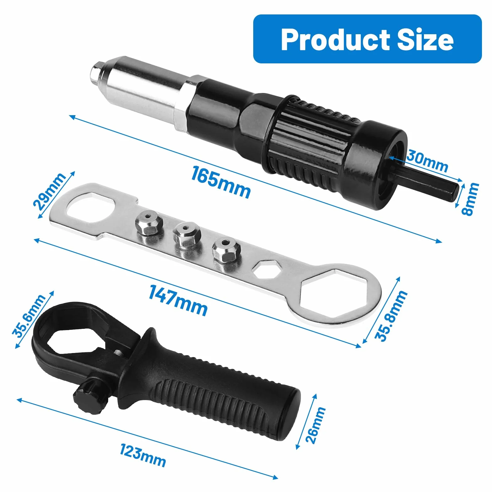 LALAGO Pinze per rivetti con 180 pezzi rivetti ciechi, adattatore elettrico per trapano avvitatore a batteria, kit 6 misure Pop rivetti
