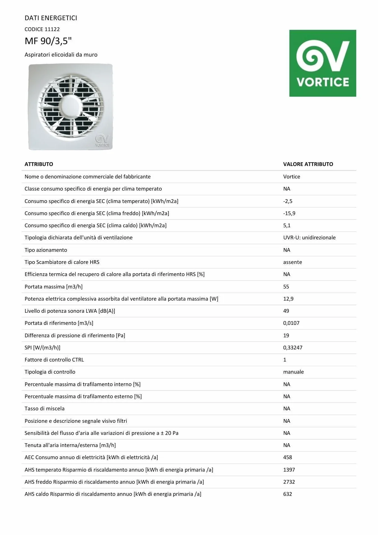 VORTICE MF 90/3,5" Aspiratore Bagno e Cucina 90mm Punto Filo da Parete 65m3/h