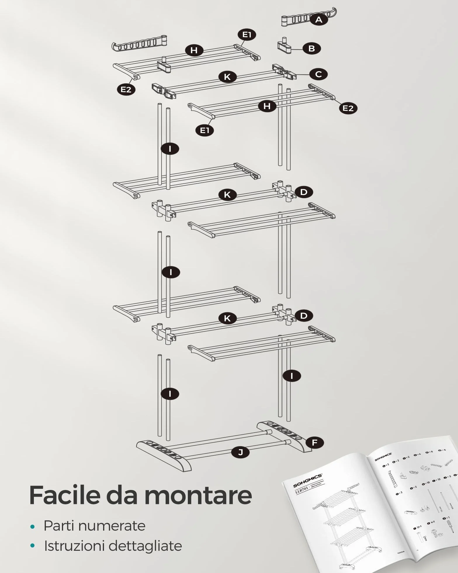 SONGMICS Stendibiancheria, Stendino Pieghevole a 4 Livelli, con Ruote e Ali Richiudibili, 63,5 x 128 x 173 cm, Capiente, Uso Interno ed Esterno, Grigio LLR701G01