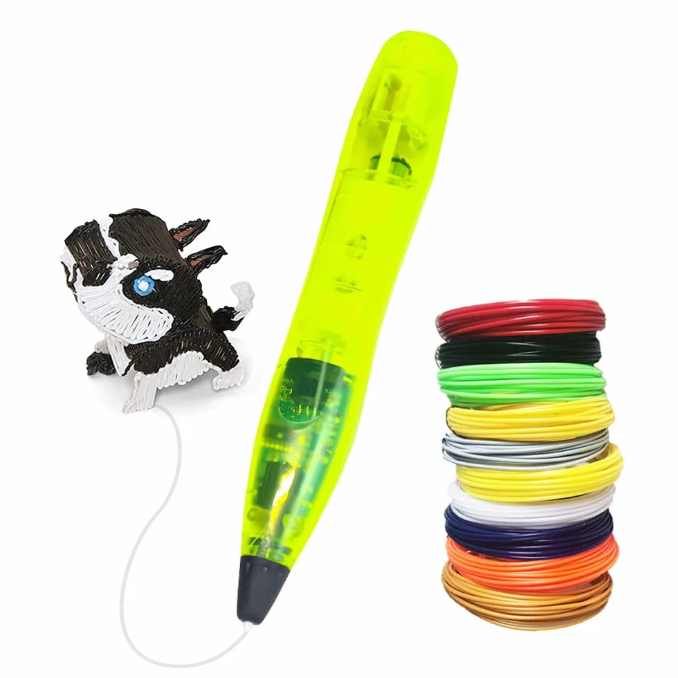 Penna 3D per bambini kit con filamento PLA 24 colori set, penna 3D con pulsante di controllo del sensore di luce, con cavo USB, protezione a 2 dita, stencil e base trasparente (giallo)