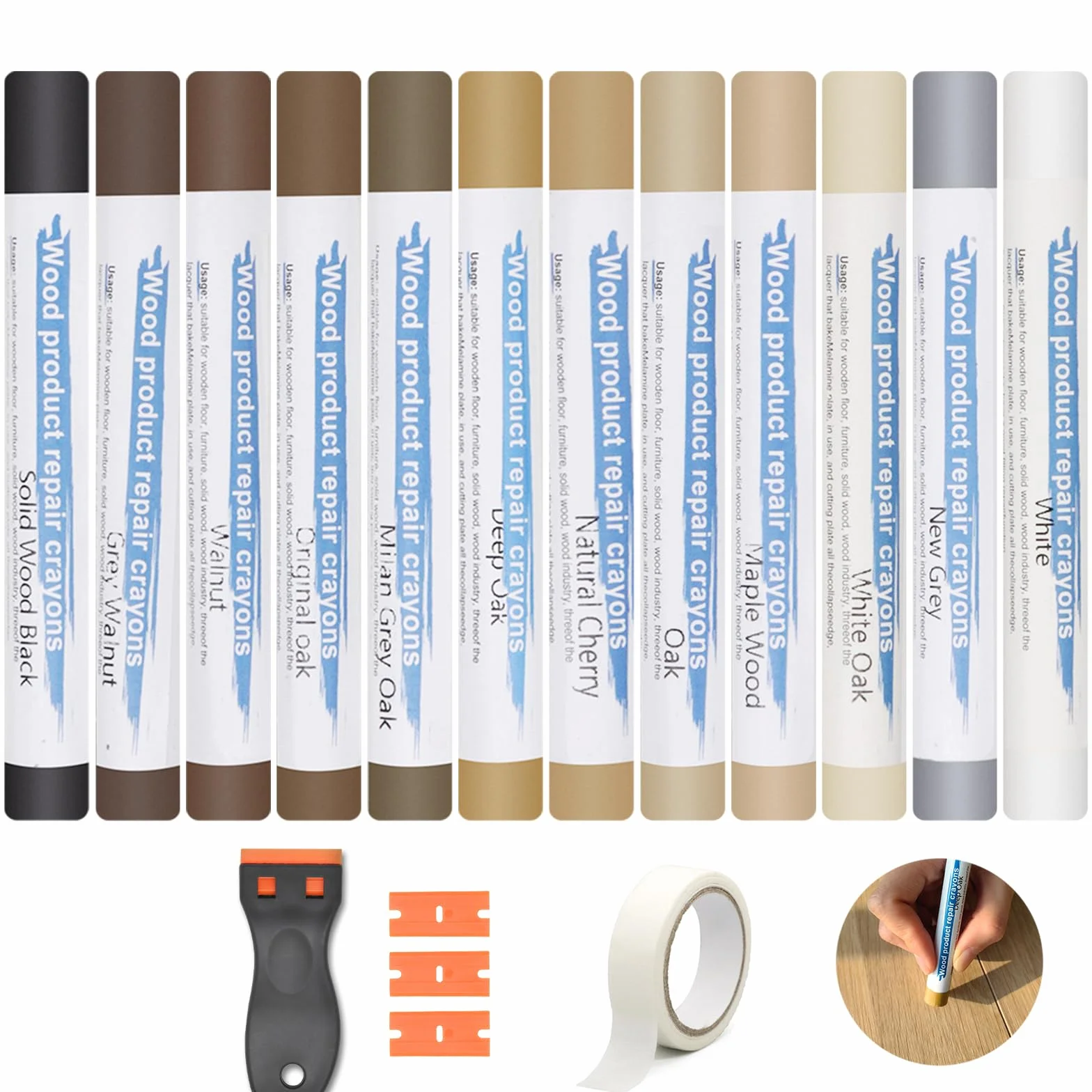 12 Colori Stucco per Legno, Stucco per Legno Riempitivo, Stucco Legno, Stucco per Marmo, Kit Riparazione Piastrelle, Set di Cera per Legno per Laminato, Legno, PVC, Piastrelle