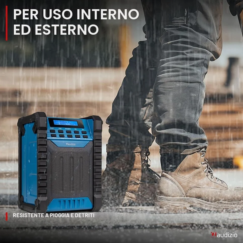 Audizio Temi Radio da Cantiere Dab+ con Batteria - IP54, Bluetooth 5.0, Autonomia 8H, FM, 40 Stazioni Memorizzabili, Ingresso AUX, Ideale per Ascoltare le Tue Stazioni Preferite Durante i Tuoi Lavori