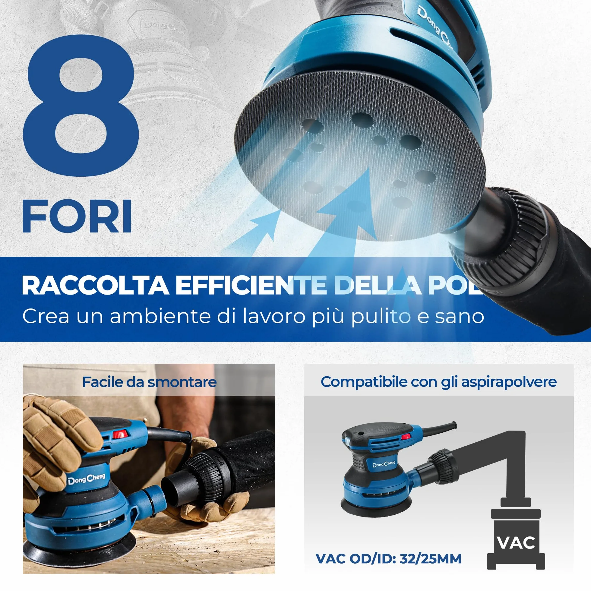 Dong Cheng Levigatrice eccentrica 380 W 125 mm 6 vel. 8000-12800 giri/min con depolveratore 20 dischi abrasivi