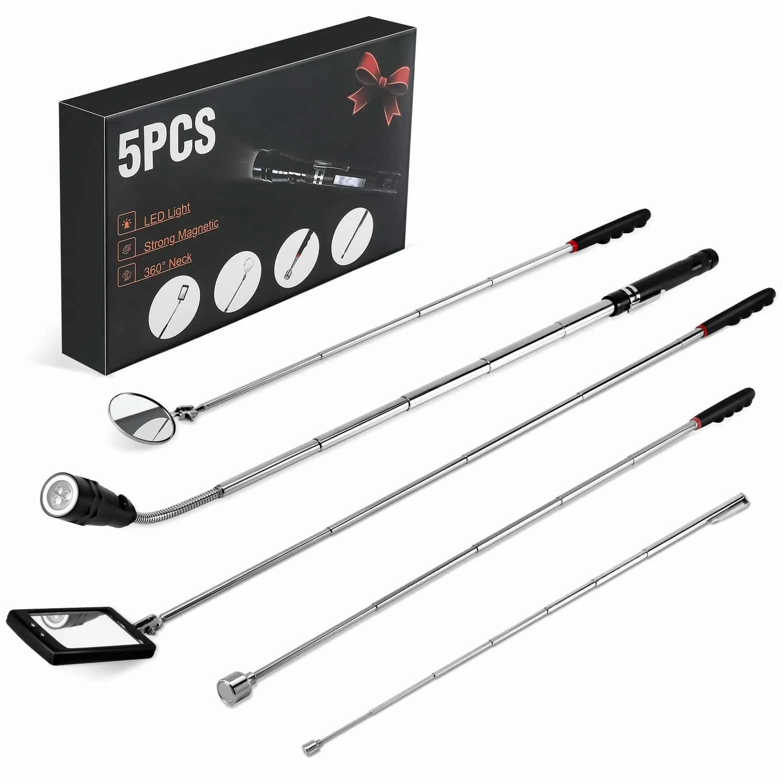 Housolution Kit di Strumenti Telescopici Magnetici, 5 pezzi con Impugnatura Retrattile, Prelievo Magnetica da 1&15 lbs, Specchio di Ispezione Rotondo e Quadrato Regolabile a 360°,Torcia LED Flessibile