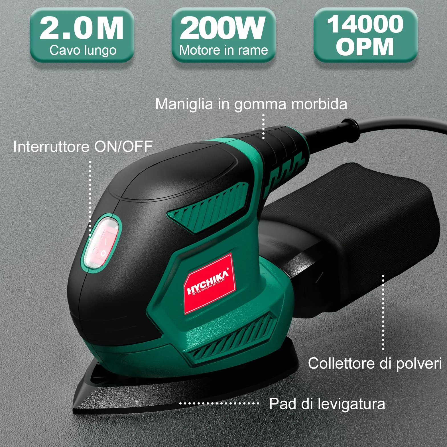 HYCHIKA Levigatrice Mouse 200W 14000RPM con Raccolta Polvere 12 Carte Abrasive per Legno Metallo