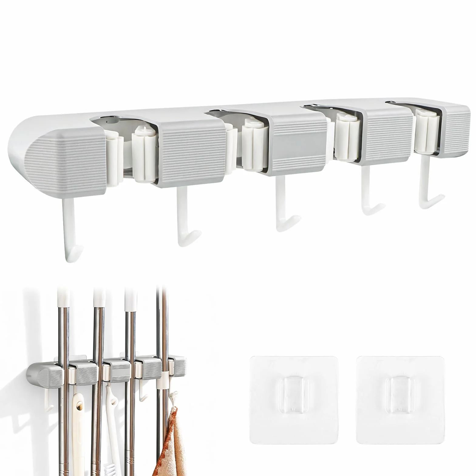 Appendi Scope a Muro,Porta Scope Parete con 4 Morsetto e 5 Ganci, Appendiscope da Muros,Portascope da muro per Attrezzi da Giardino per Cucina, Bagno, Giardino, Balcone, Casa, Garage