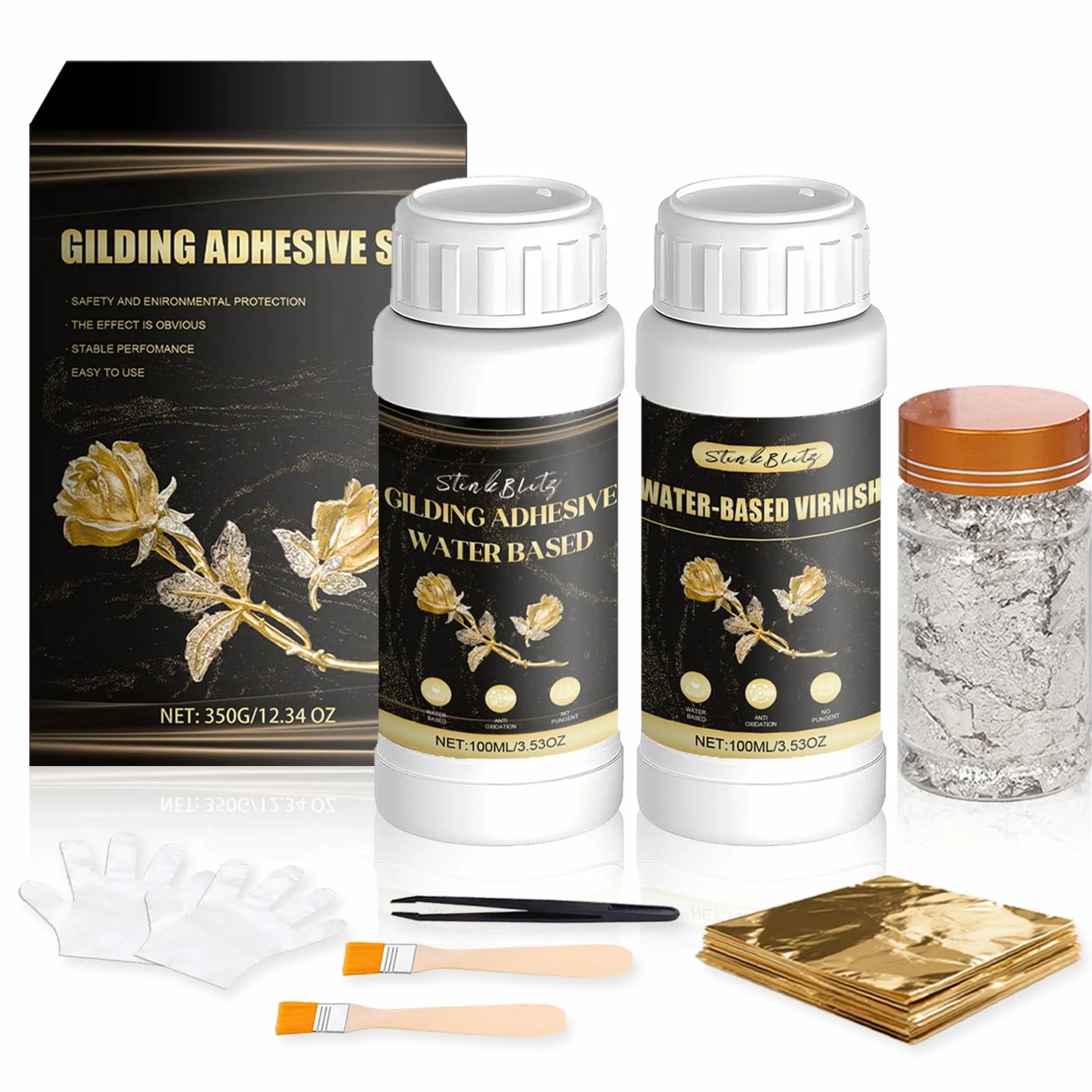Adesivo per Foglia d'oro, Colla per Foglia d'oro,100 ml di Colla per lamiere a Base d'Acqua e 100 ml di Vernice, Foglia 100 Pezzi, per Lavori Manuali Pittura, Decorazione da Parete Gold Leaf