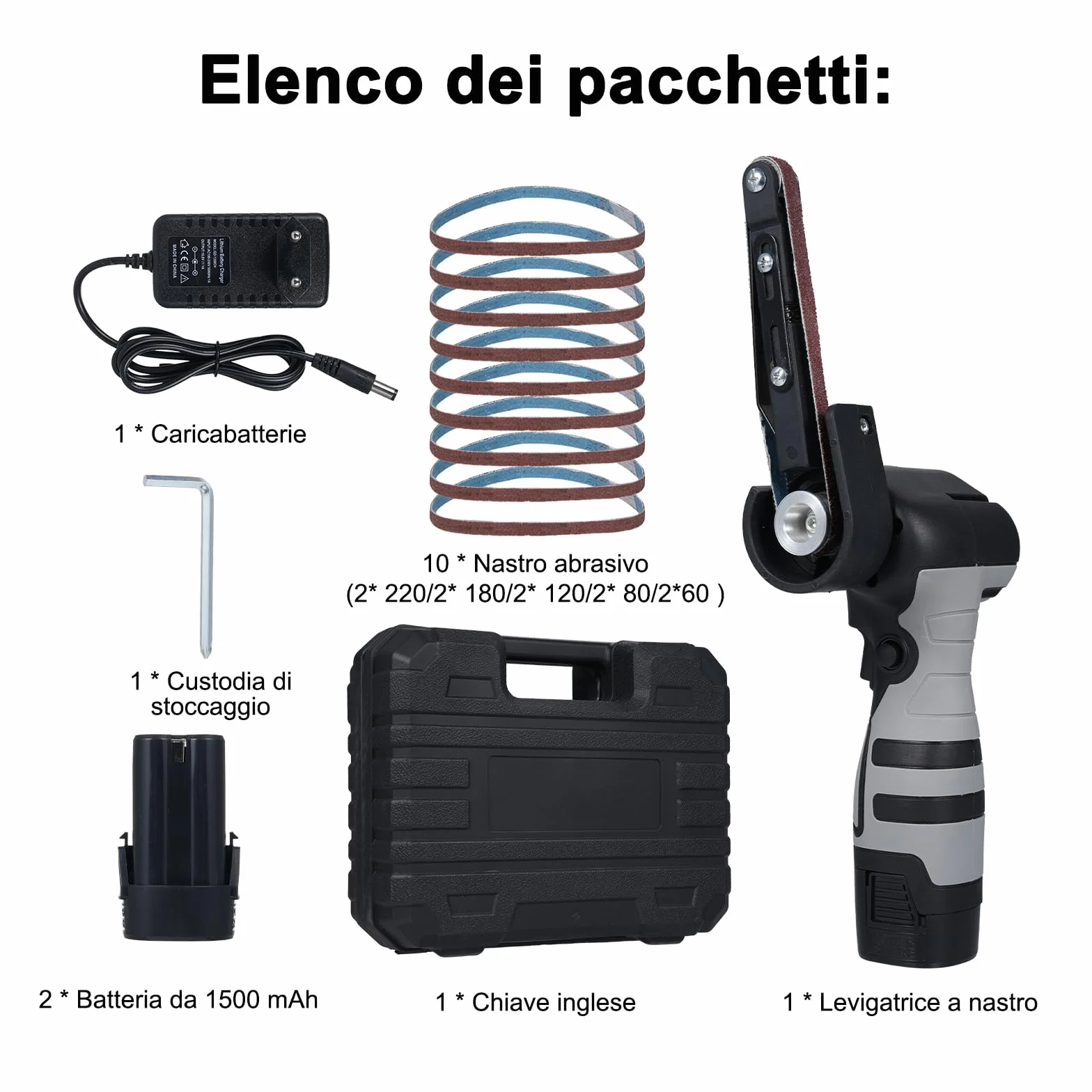 Smerigliatrice a nastro a batteria da 16,8 V, con 10 nastri, con 2 batterie da 1500 mAh,Adatto per metallo e legno