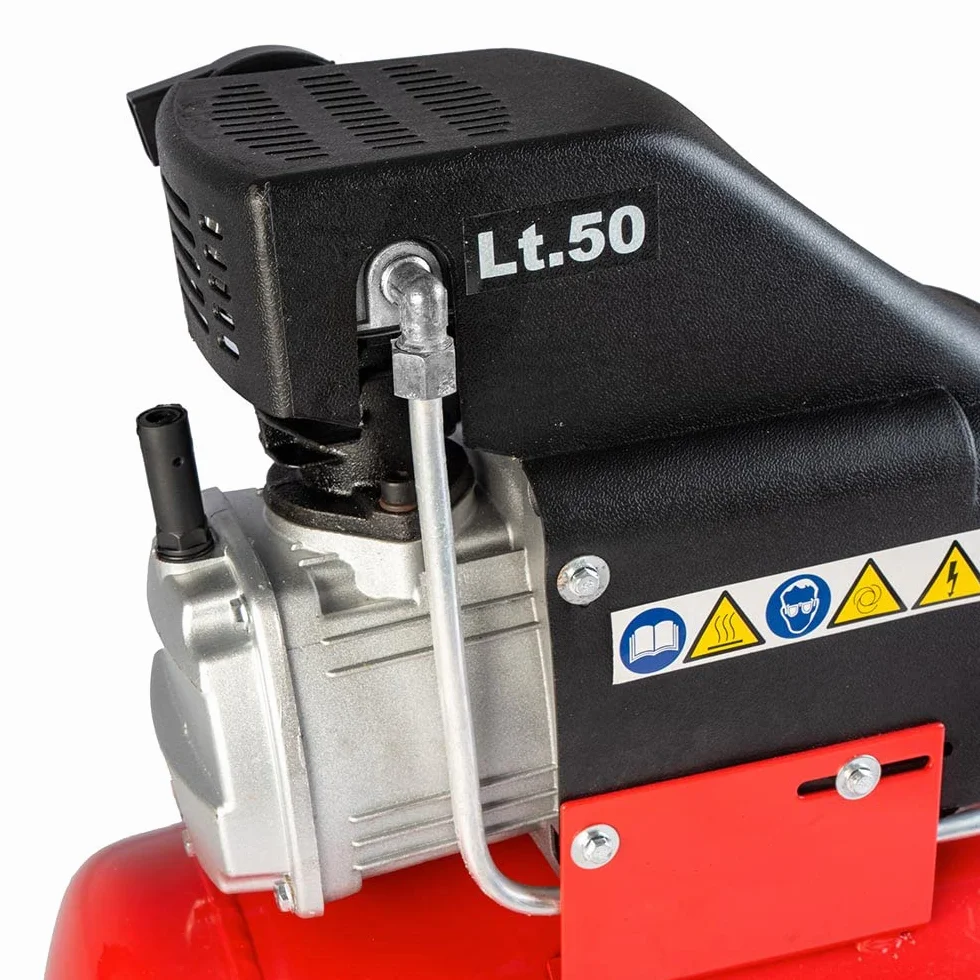 AMC Compressore ad aria da 50 litri pressione 8 bar elettrico coassiale 2 Hp incluso Kit Accessori salva spazio motore potente termicamente silenziato protetto con Carcassa esterna in alluminio
