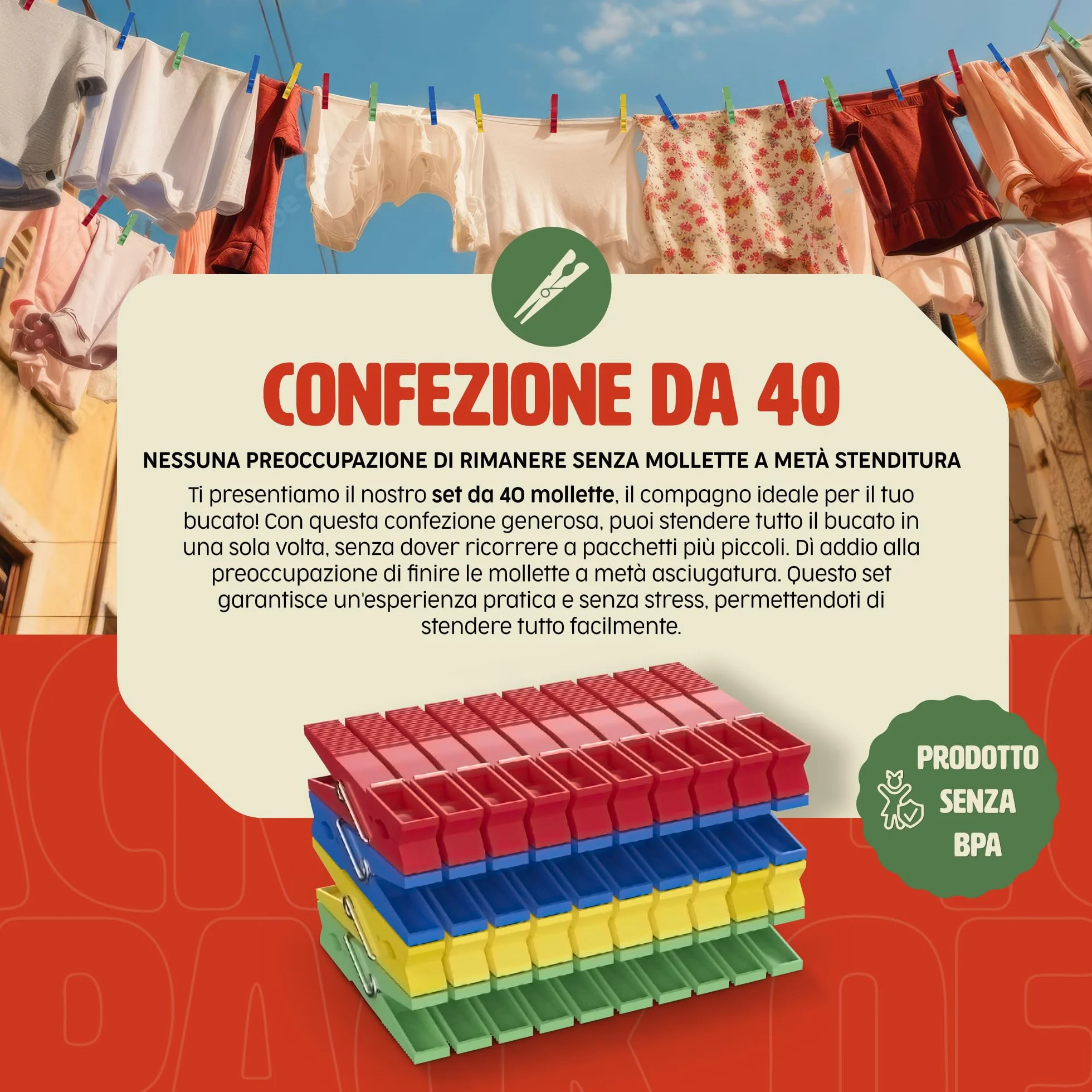 PORTENTUM Mollette in Plastica Riciclata, Confezione da 40, Multicolore - Mollette per Bucato Resistenti all'Esterno, Multiuso e Non Lasciano Segni, Dimensioni 7,5 x 1 x 2 cm