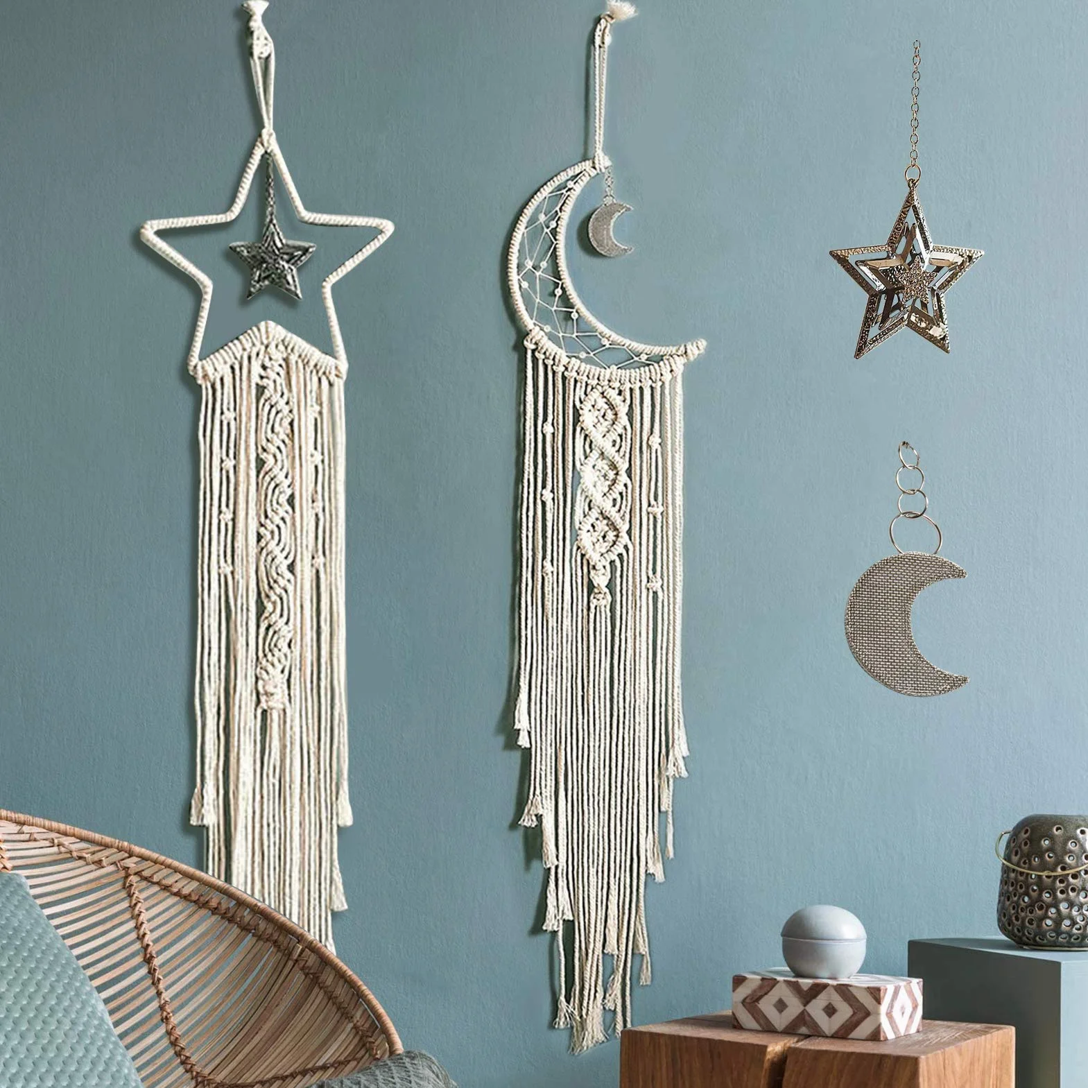 Tarklanda Acchiappasogni Macrame con LED String Light Boho Decorazioni Fatti a Mano Dreamcatcher Parete Luna Stella Regalo Camera Letto Ragazza