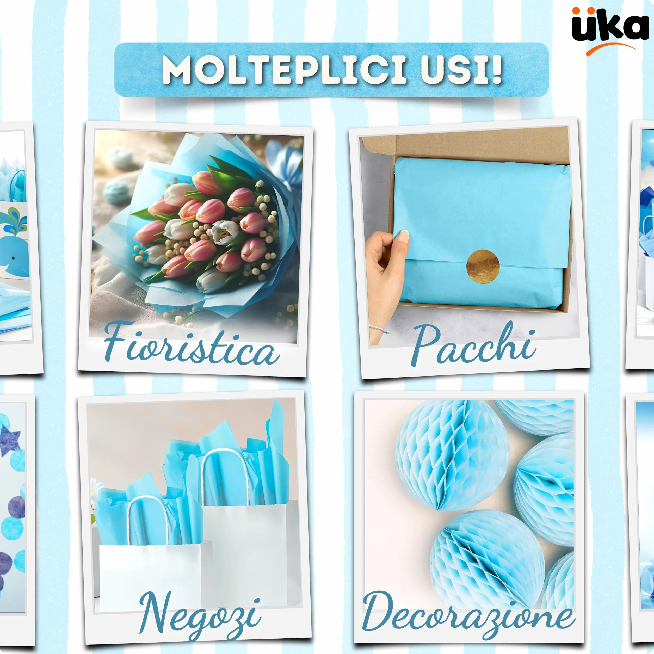 Üka • 60 Fogli di Carta Velina Blu. Fogli Grandi da 50x70 cm. Fogli Singoli di Carta di Seta per Imballaggio di Regali e Vestiti. Carta Velina per Eventi, Regali e Pacchi.