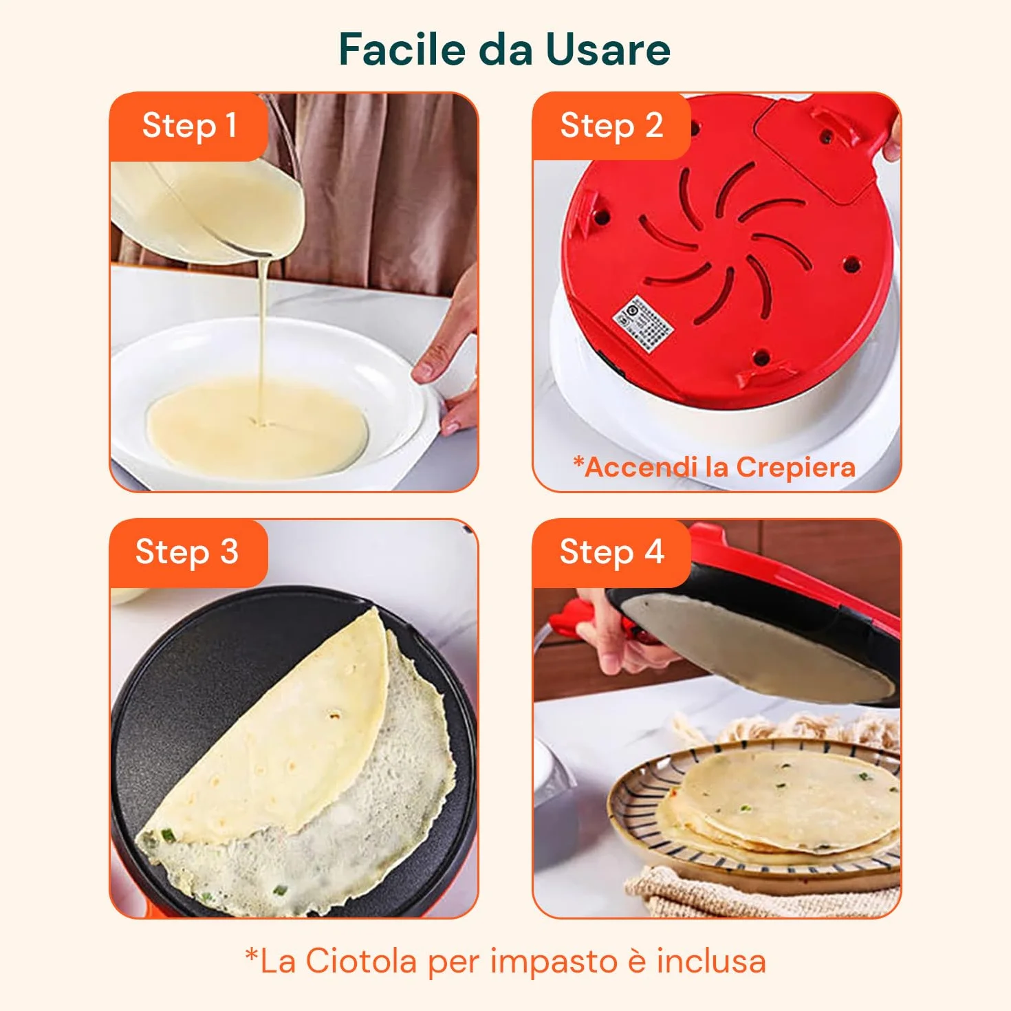 Wintem Yummi Crepiera Elettrica ad Immersione 600W - Set Completo con Ciotola e Frusta - Piastra Antiaderente Ø 20 cm - Macchina per Crepes Sottili, Pancake e Tortillas - Facile da Pulire - Rossa