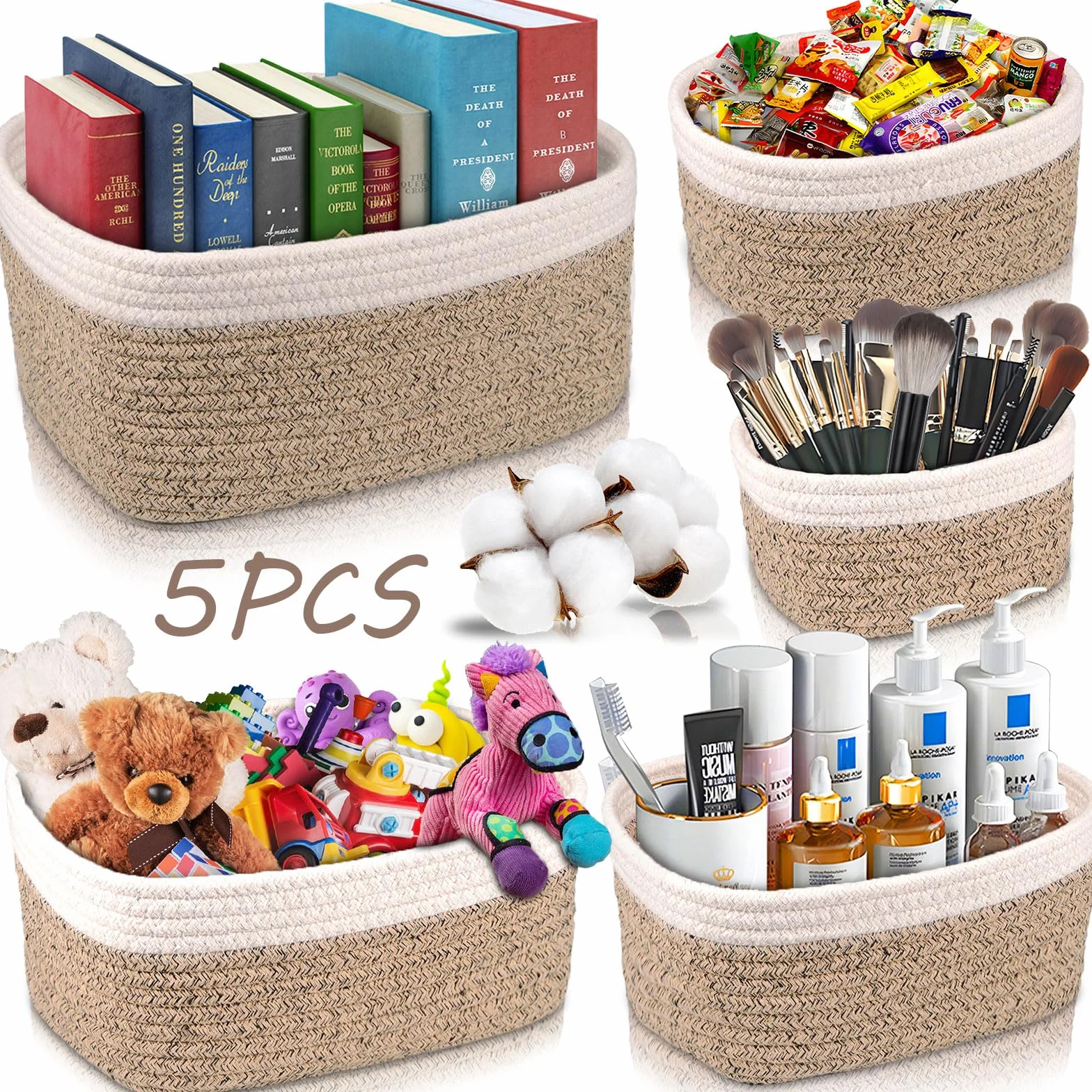 Cestini Portaoggetti Intrecciato in Corda di Cotone Set di 5, Impilabile Organizer per Bagno Cameretta Salotto Ufficio