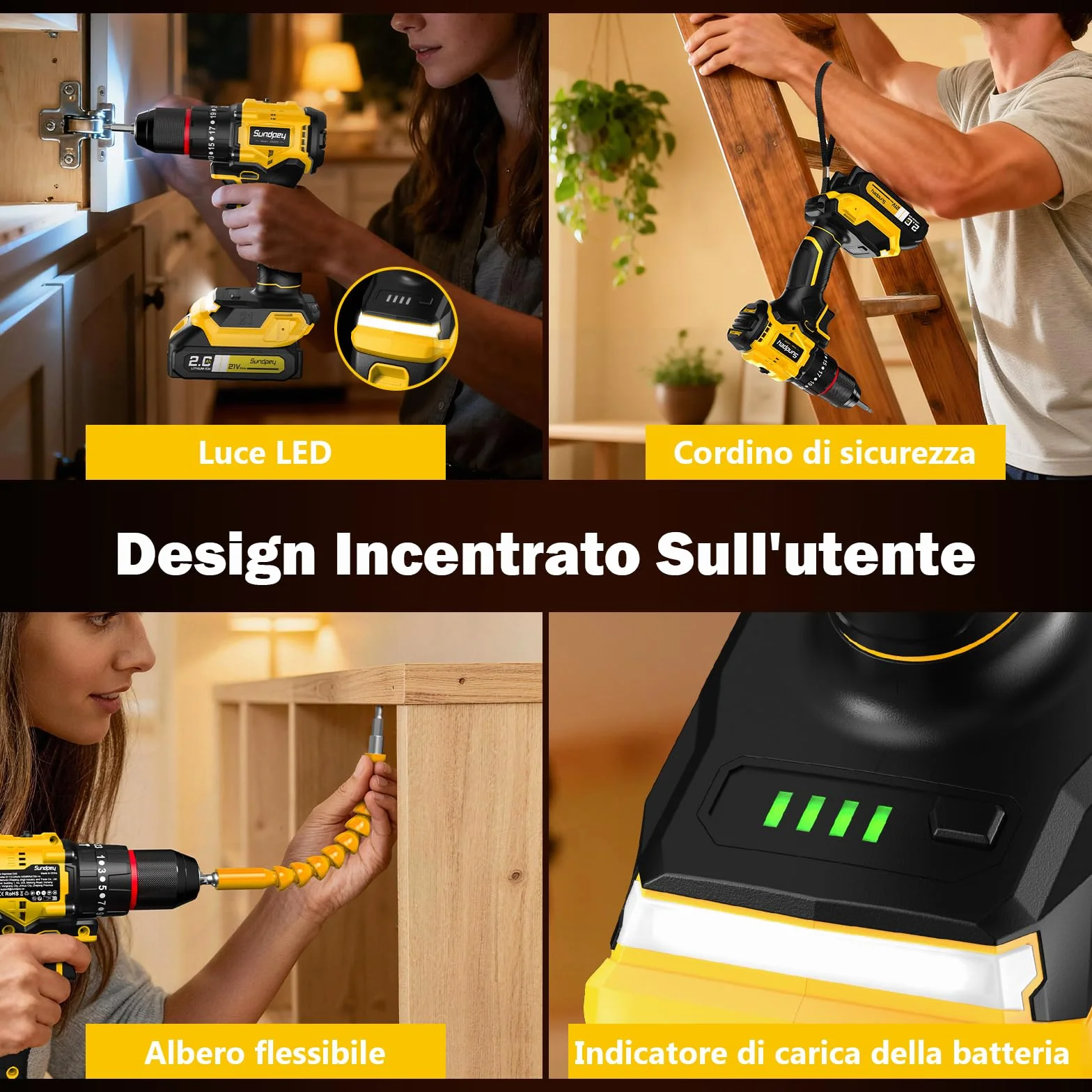 Sundpey 21V Trapano Avvitatore a Batteria - Max 70Nm Brushless Trapano a Percussione con 2 Batterie 2.0Ah, 23+3 Coppie, Mandrino 10mm, Luce LED, 2 Velocità Avvitatore Elettrico per Fai da te
