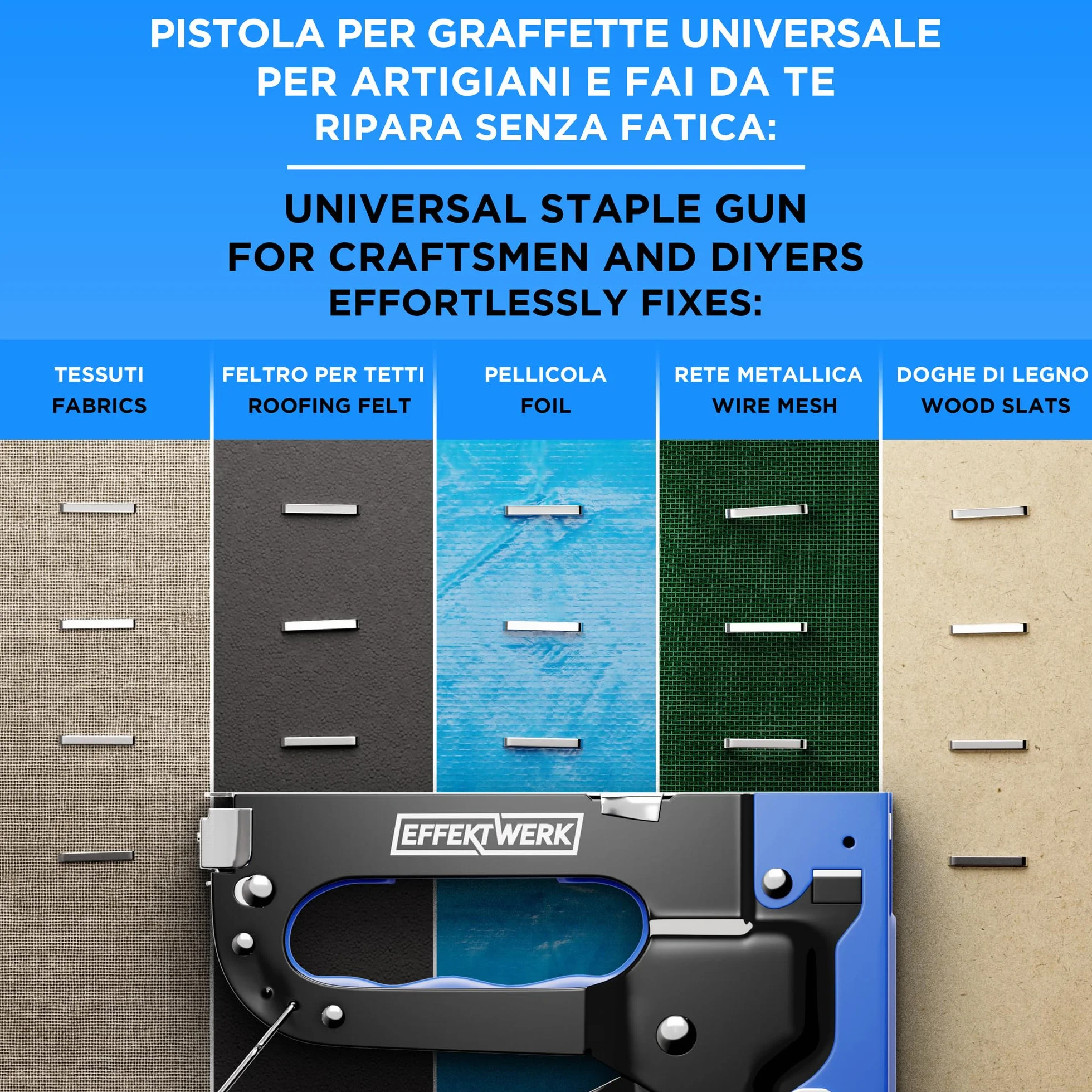 Set Graffatrice 5 in 1 - Graffatrice Pesante + 1500 Punti + Levapunti per Legno, Tessuto, Rete Metallica - Costruzioni, Artigianato, Tappezzeria
