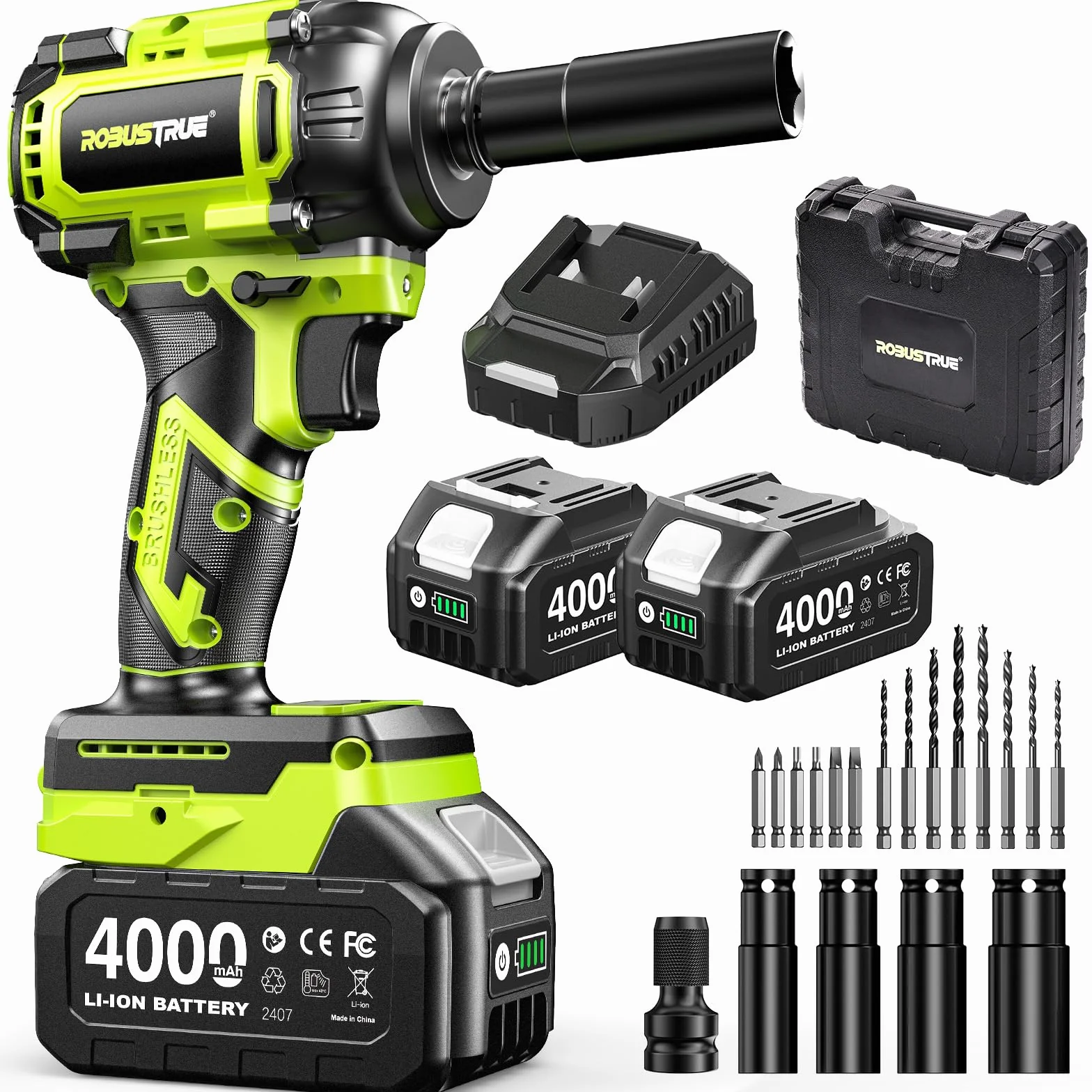 Robustrue Avvitatore a impulsi a batteria 1/2" 800 N·m brushless 2800 giri/min 2 batterie 4,0Ah 4 bussole