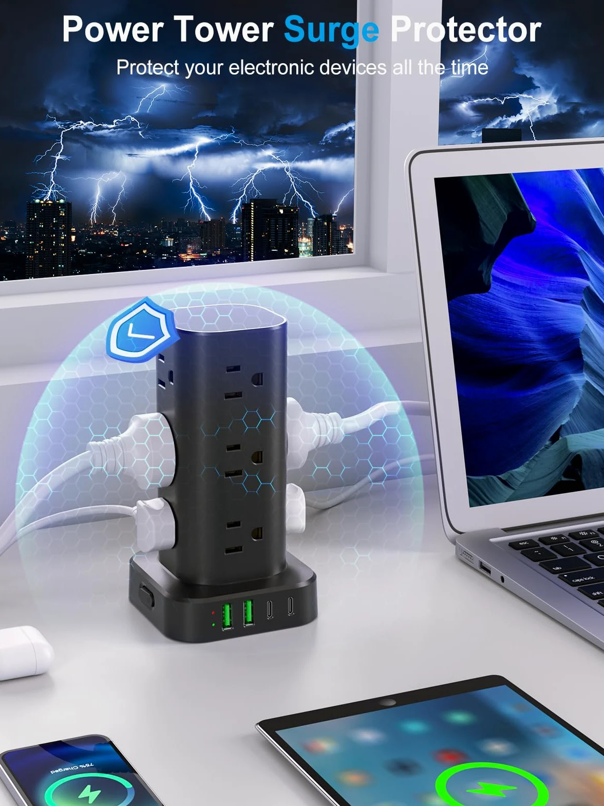 Ciabatta con caricabatterie wireless, protezione da sovratensioni a spina piatta con prolunga da 1,8 m, 12 prese multiple AC, 4 USB (2 USB C), Power Tower