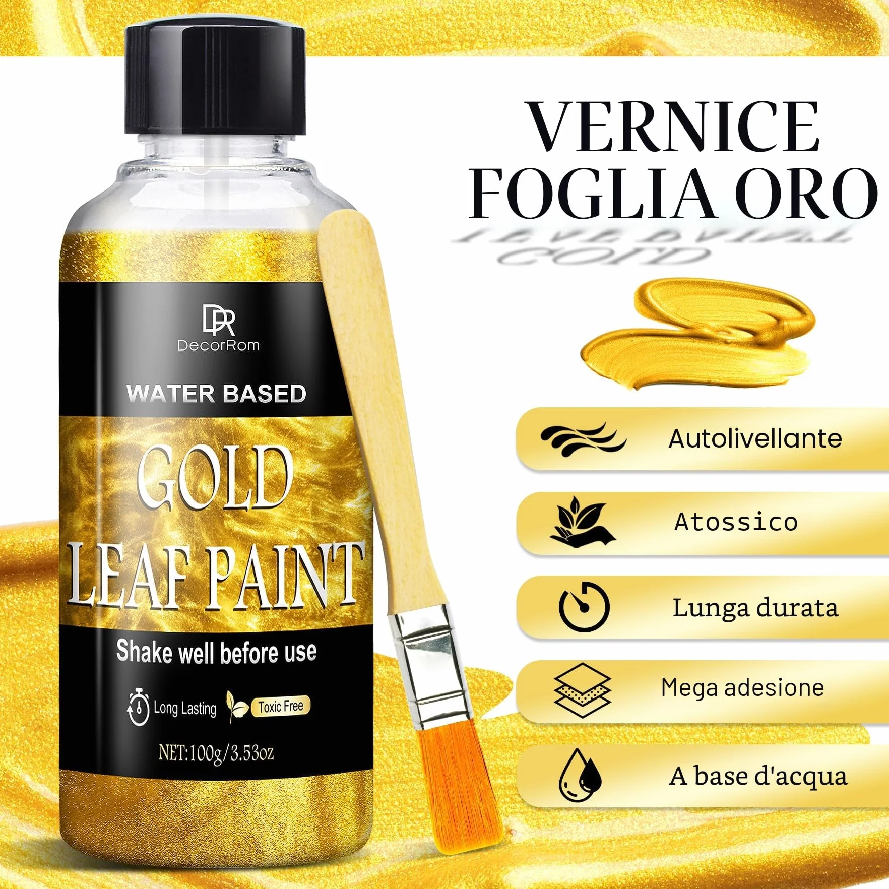 Pittura Dorata Liquida 200ml - Kit Effetto Foglia Oro Super Lucido e Rapido Asciugante - Finitura a Specchio con Vernice - Atossica, Impermeabile per Mobili, Legno, Artigianato, Resina, DIY