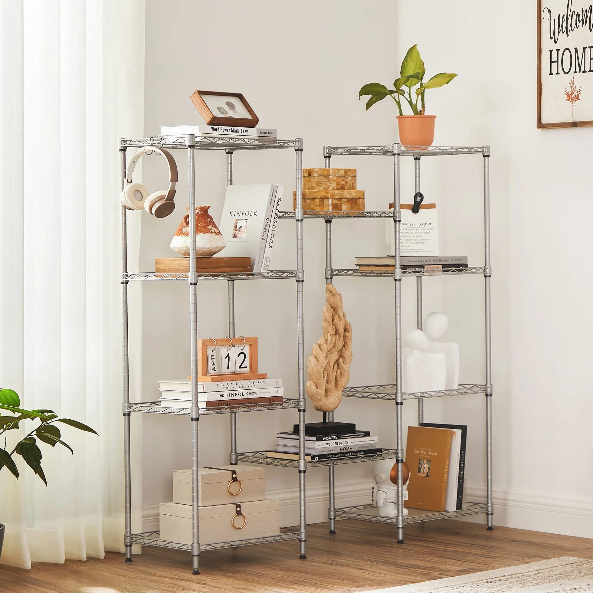 SONGMICS Mensola da cucina, scaffale a 5 livelli, sottile, 8 ganci, mobile da bagno, tavola in plastica, regolabile in altezza, in metallo, per cucina, argento LGR115E01