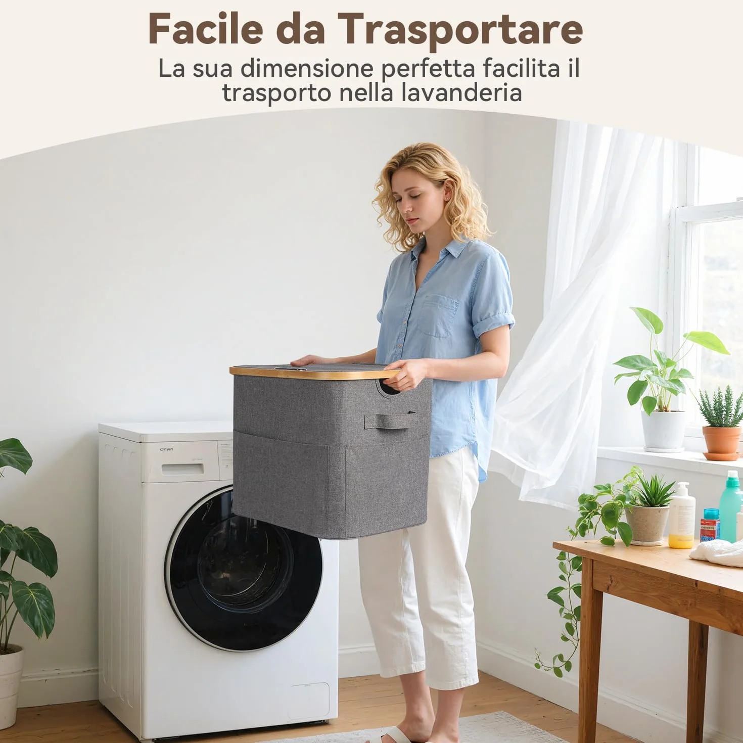 OUSFOT Cesto Portabiancheria Sporca 50L, Cesta Panni Sporchi con Grandi Tasche Anteriori e una Robusta Maniglia, Impermeabile Laundry Basket Per Armadi a Muro, Camere da Letto, Lavanderie, Bagno