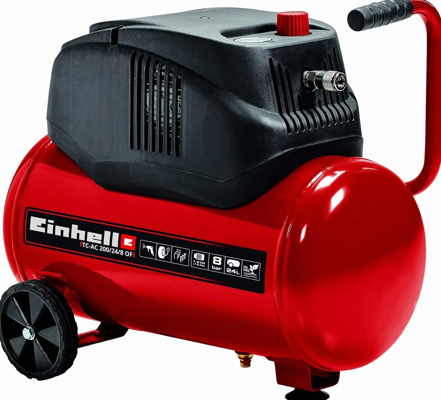 Einhell TC-AC 200/24/8 OF Compressore (220-240 V, 50 Hz, 1200 W (220-240 V, 1200 W, serbatoio aria 24l, max 8 bar, aria max 110 l/min., cilindri 1,autolubrificato -no olio,carrelato, inc. 1 manometro)