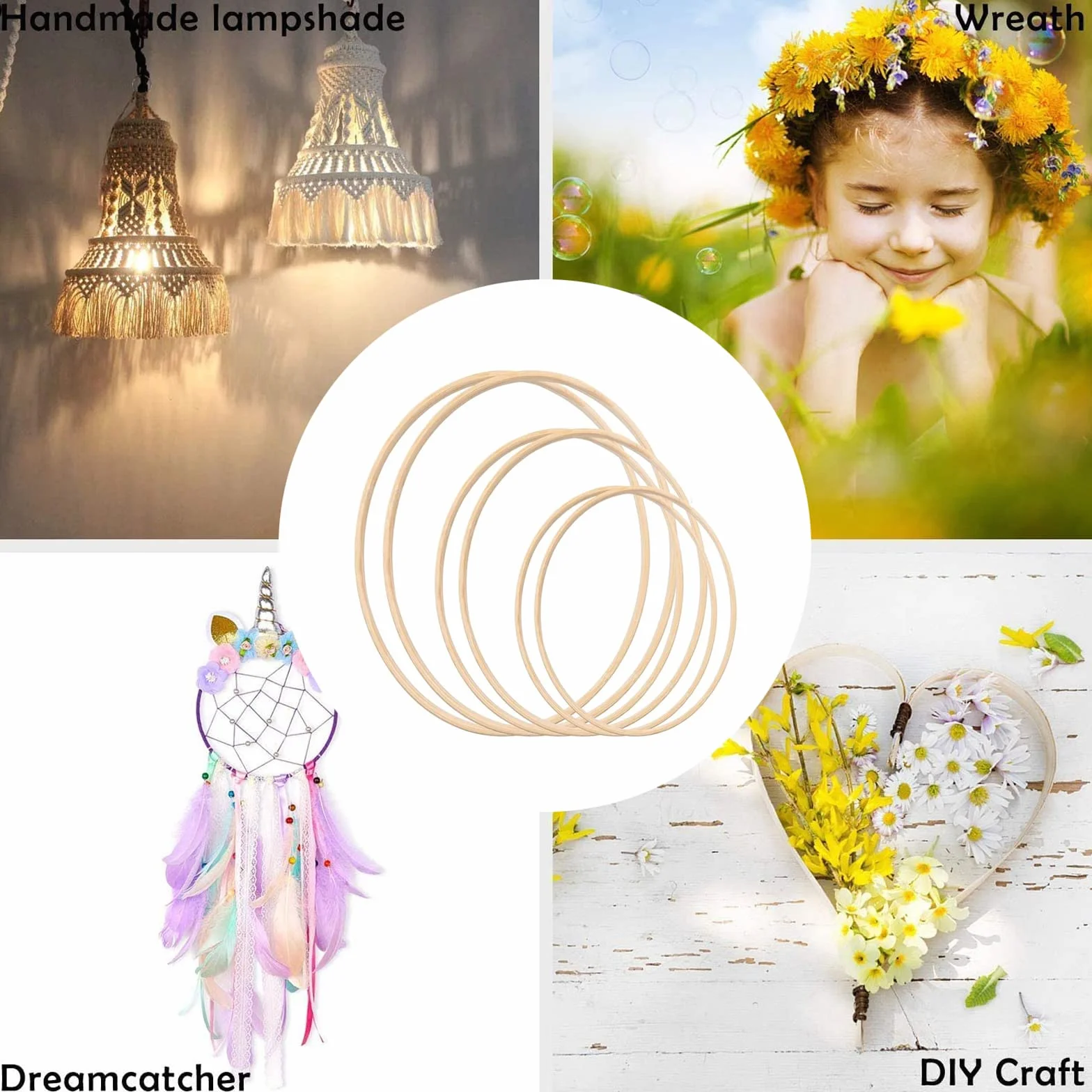 Anelli Floreali Corona Bambù Dream Catcher Cerchio Rotondo Legno Macramé Fai Da Te 3 Dimensioni 10/12/15 cm