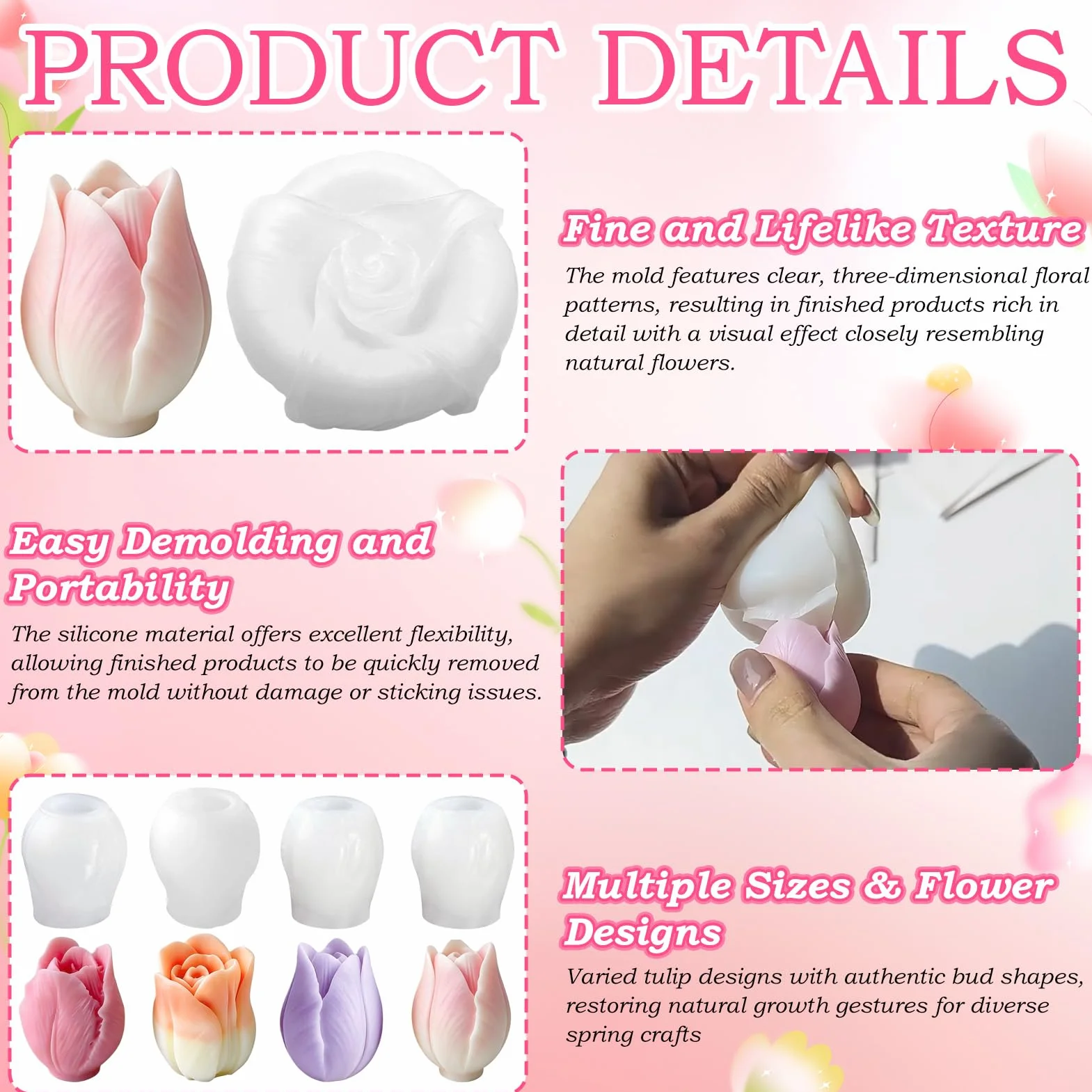 4 Pezzi 3D in Stampi Cera Tulipano, Stampo Tulipano per Candele, Stampi in Silicone a Forma di tulipano, per Realizzare Candele e Sapone, Regalo di Festa, Decorazioni per la Casa