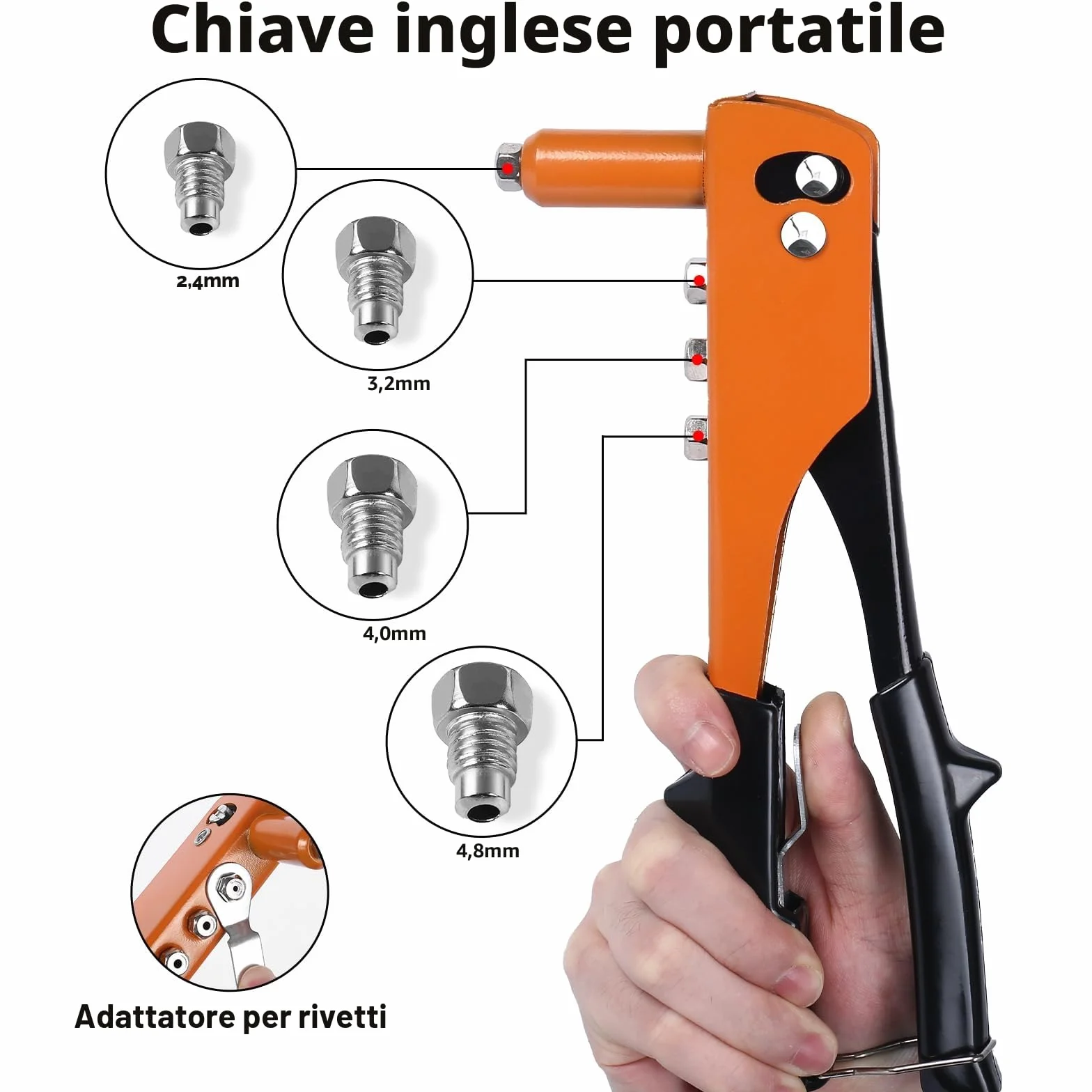 Rivettatrice Manuale 200 Pezzi Rivetti 4 Punte Acciaio Carbonio 4 Teste Intercambiabili 2,4-4,8mm