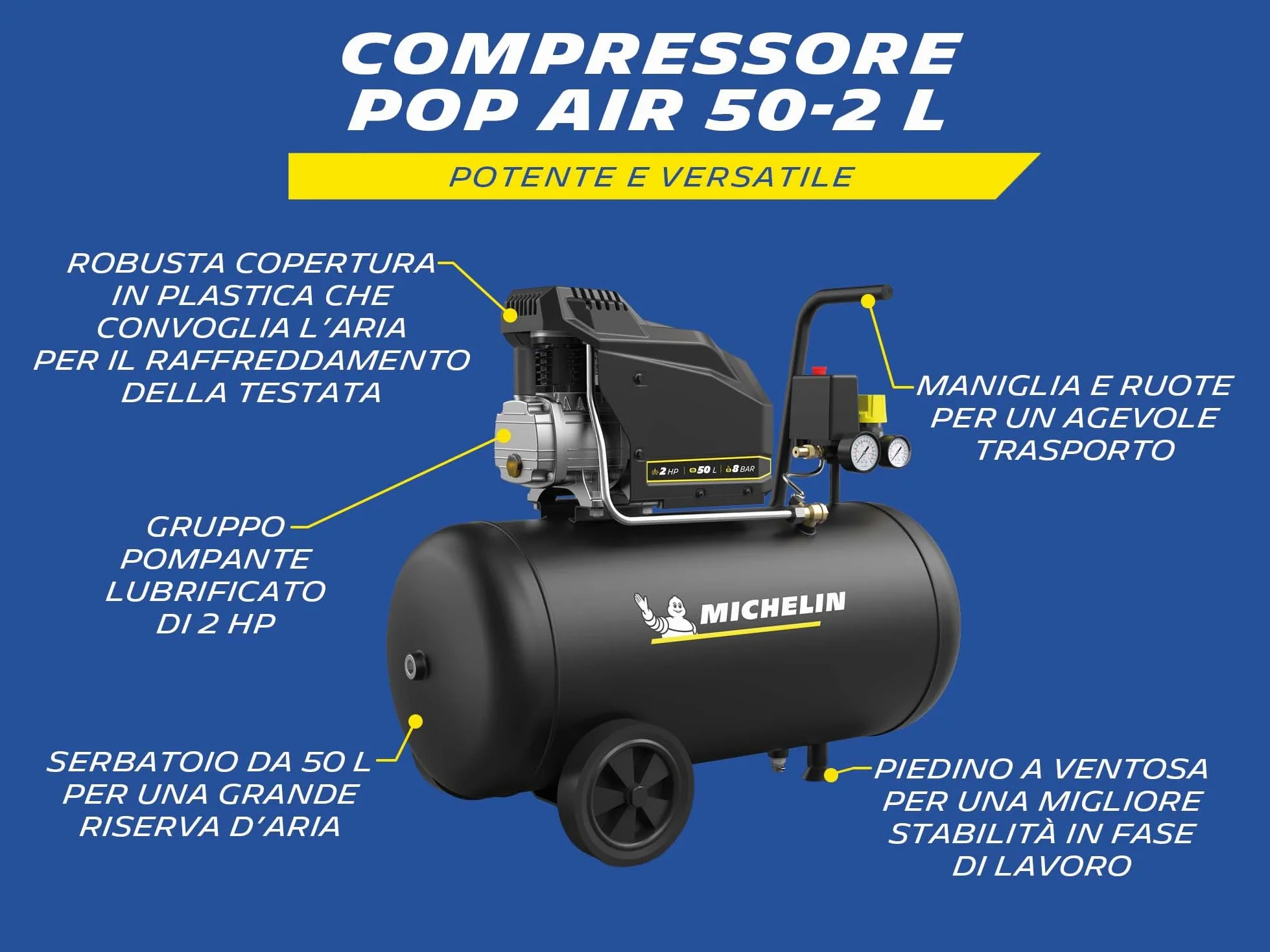 MICHELIN, Compressore d’Aria MX POP AIR 50-2 L, Serbatoio 50 Litri con Ruote, Motore da 2 hp, Pressione Massima 8 bar, Portata d’Aria 195 l/min