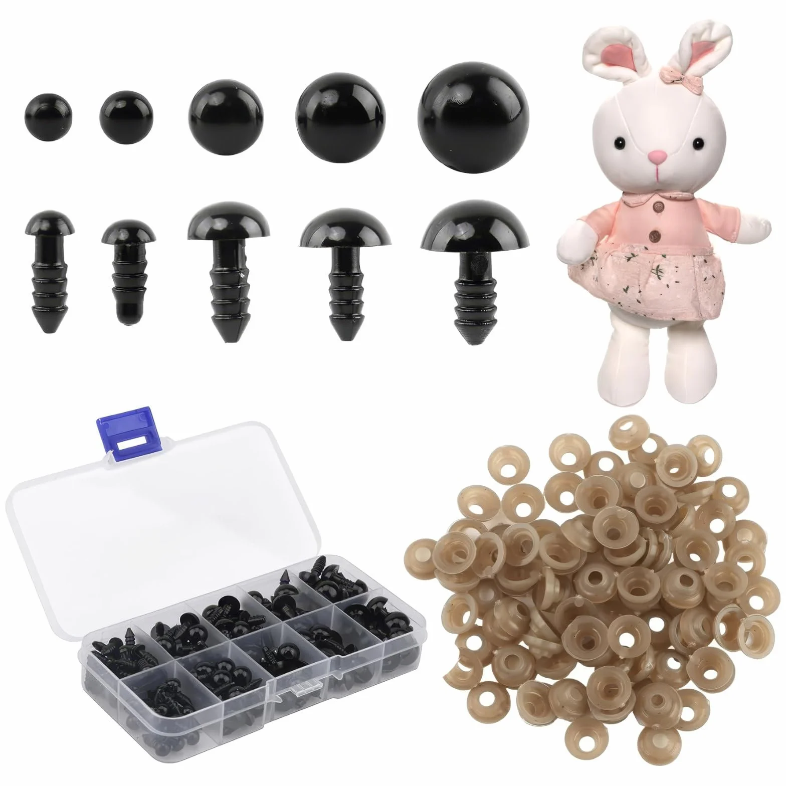 100 pezzi occhi di sicurezza, occhi a pressione in plastica con rondelle, per animali all'uncinetto, bambole, peluche, orsacchiotti, occhi per amigurumi e pupazzi, occhietti per lavori