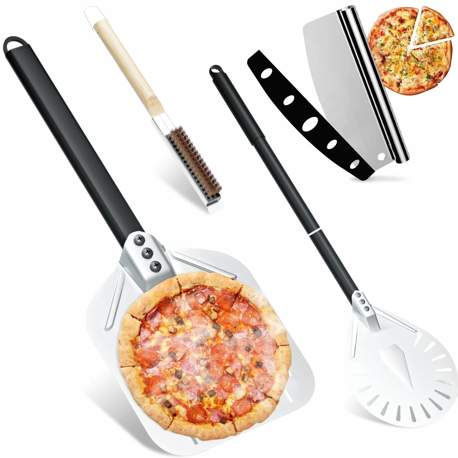 Set di 4 attrezzi pale pizza 30x35 cm pala forata alluminio 23cm palino manico lungo coltello tagliapizza professionale spazzolone forno raschietto